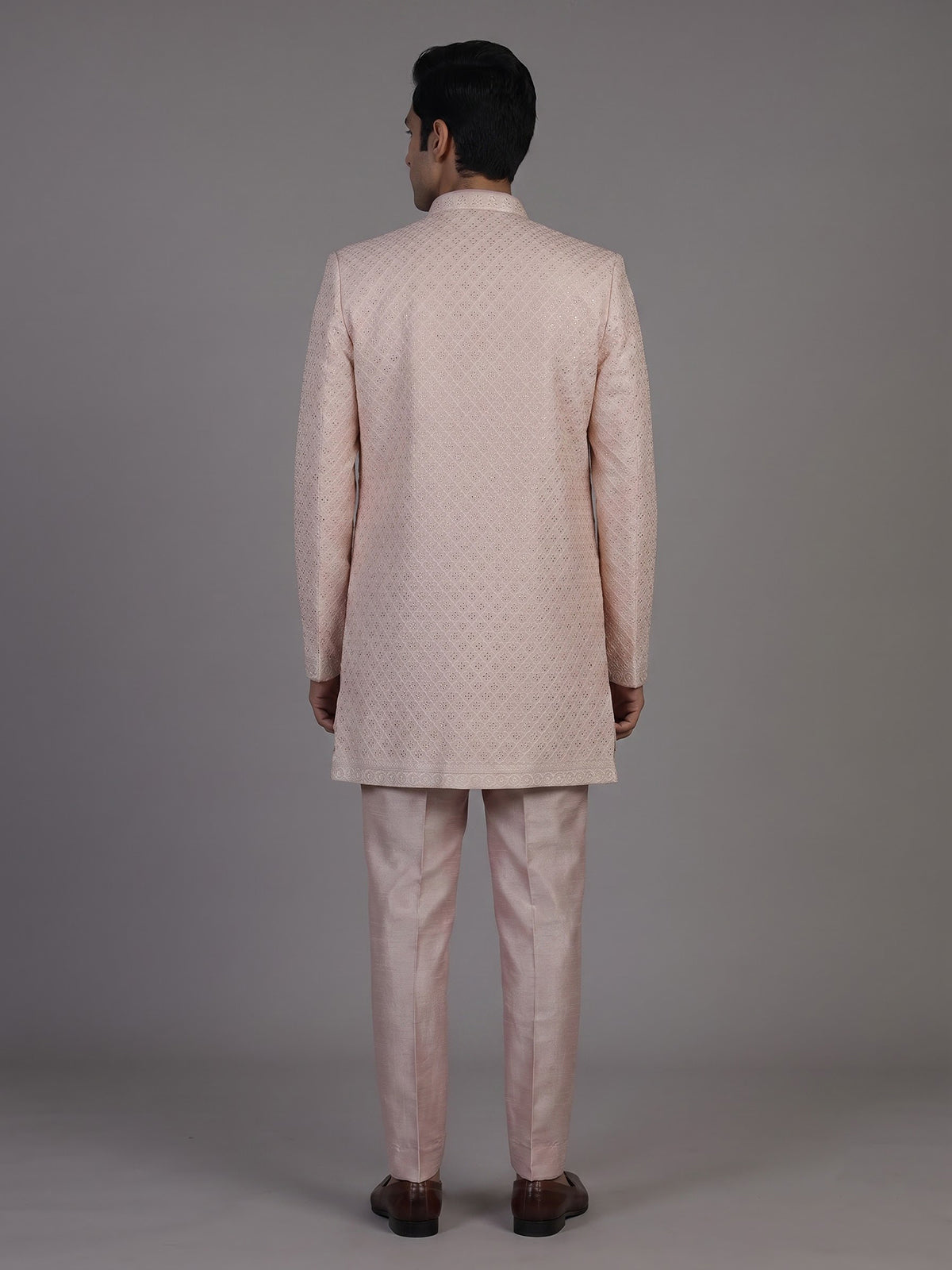 Pink jacquard silk jacket indowestern set for men