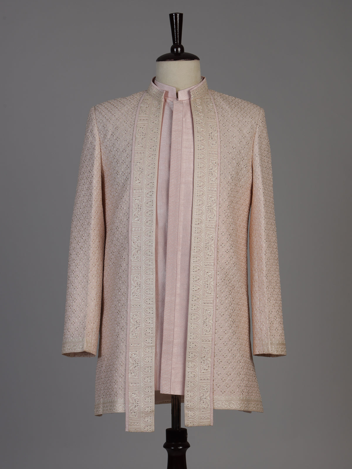 Pink jacquard silk jacket indowestern set for men