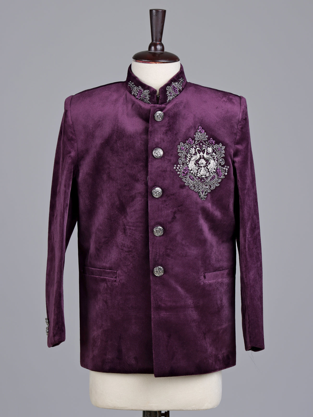 Wine velvet boys Jodhpuri suit with handcrafted crest motif