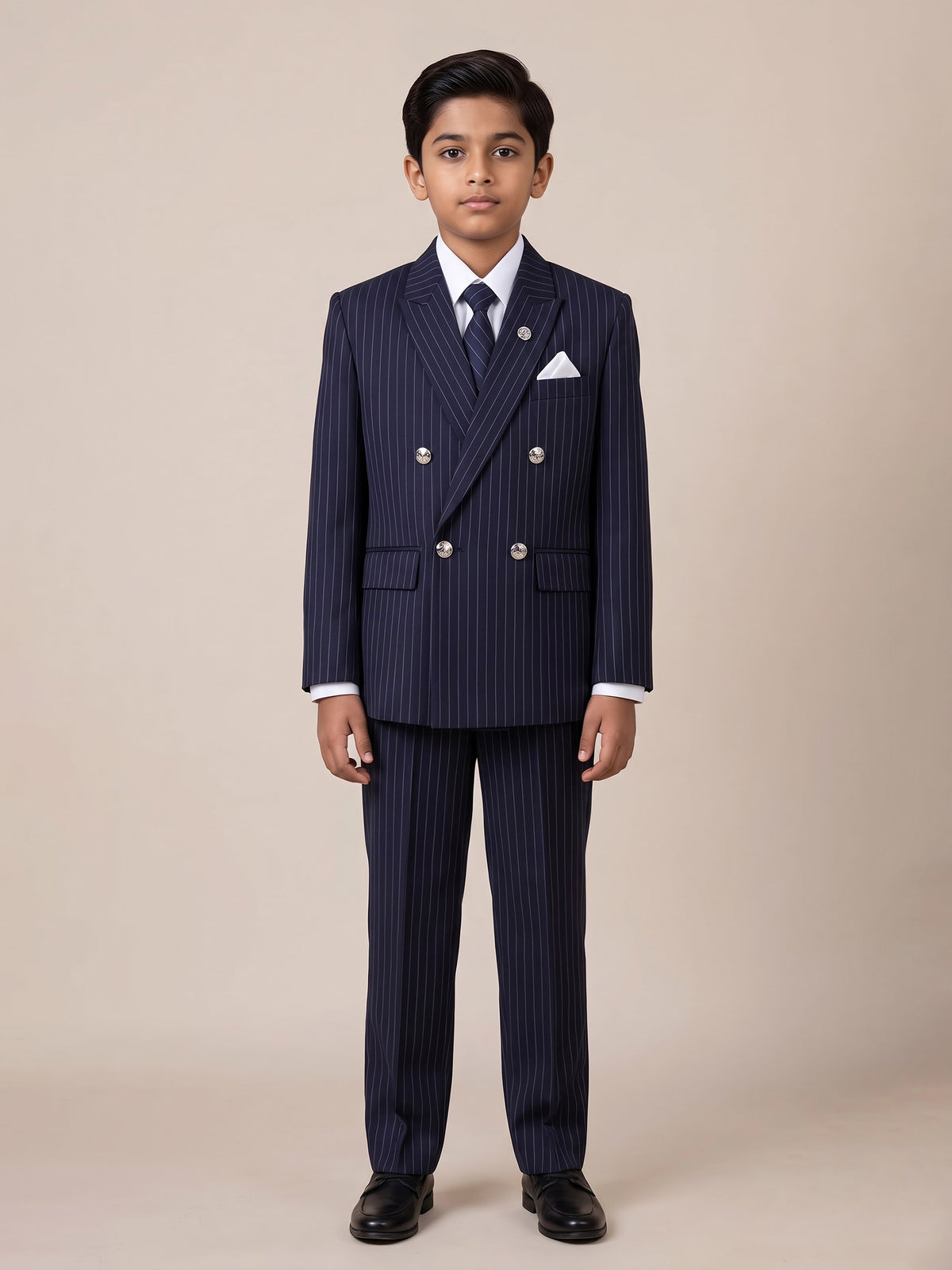 Navy terry rayon boys coat suit with double-breasted blazer