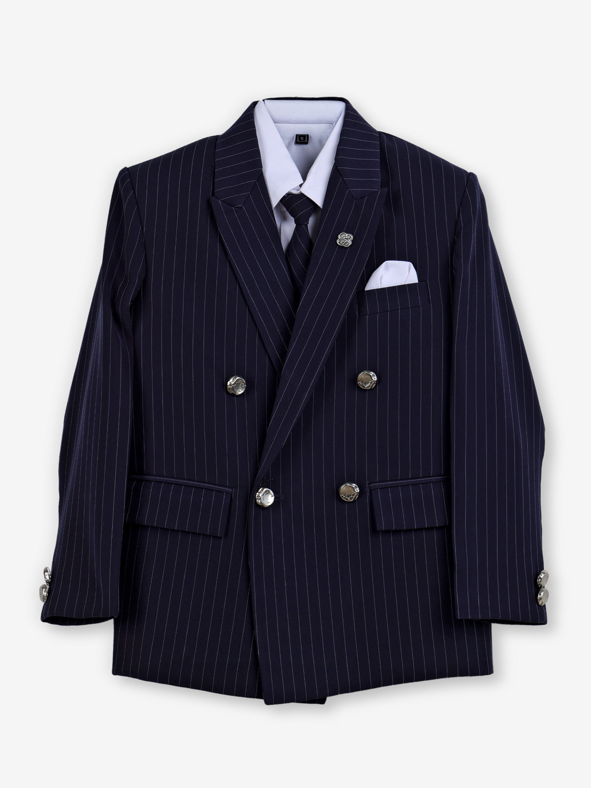 Navy terry rayon boys coat suit with double-breasted blazer