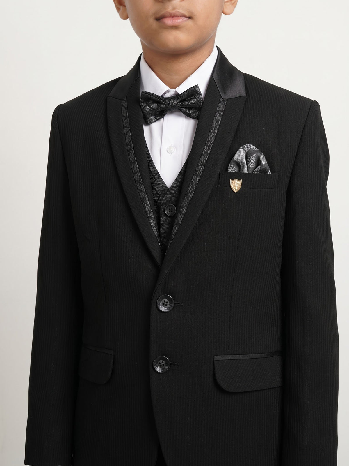 Black cotton blend boys coat suit with bowtie details