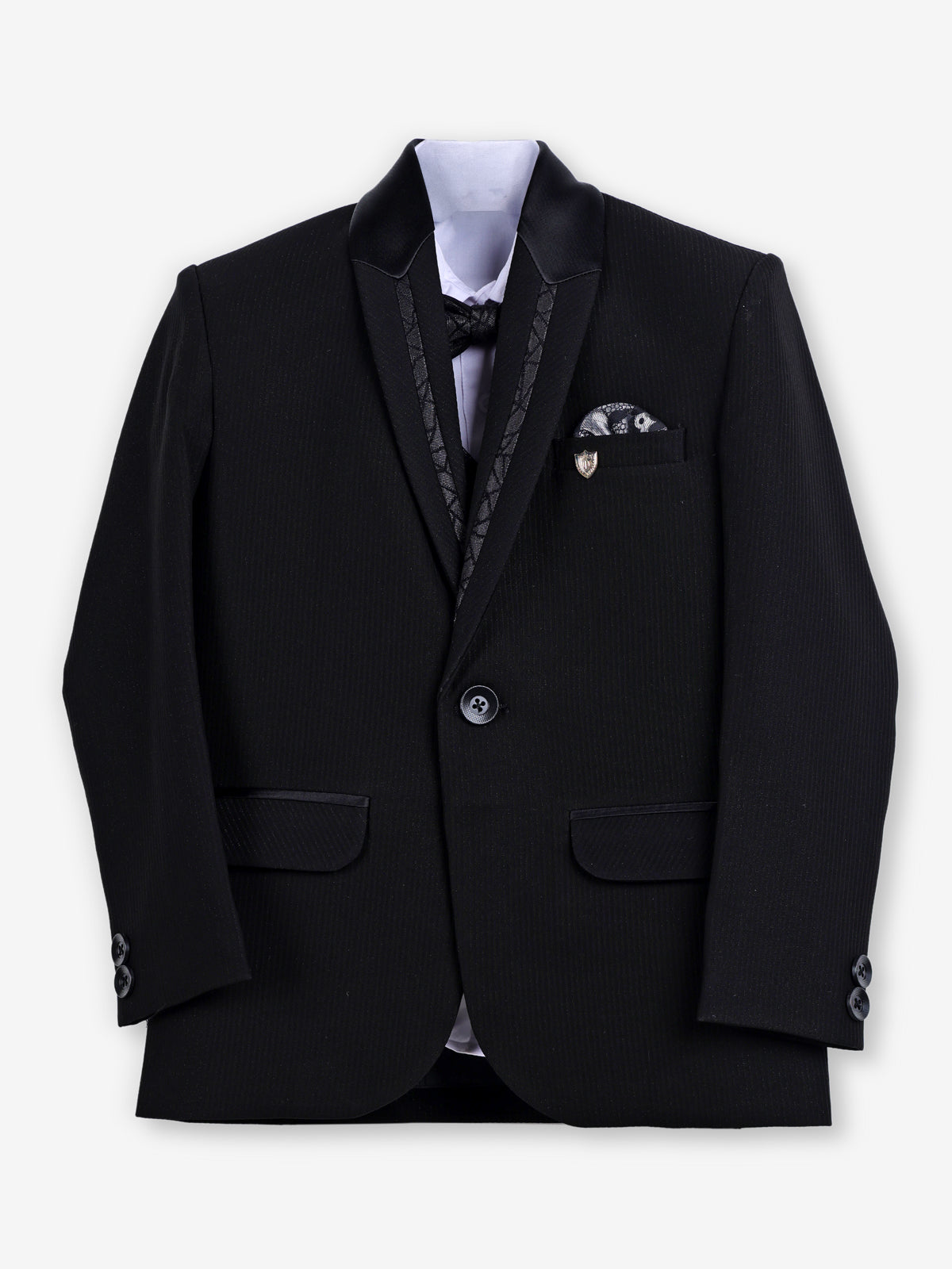 Black cotton blend boys coat suit with bowtie details