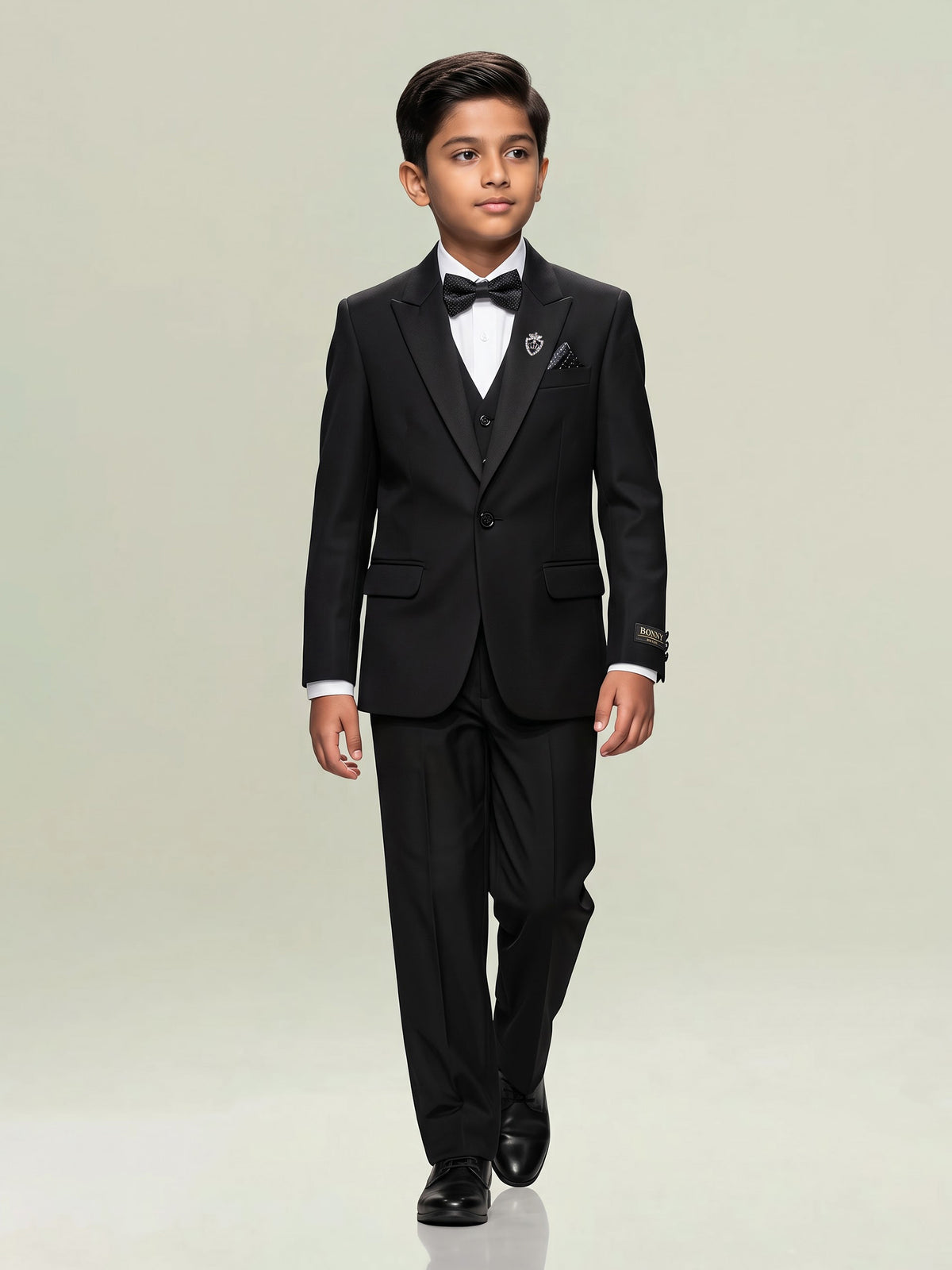 Black terry rayon boys coat suit with peak lapel details