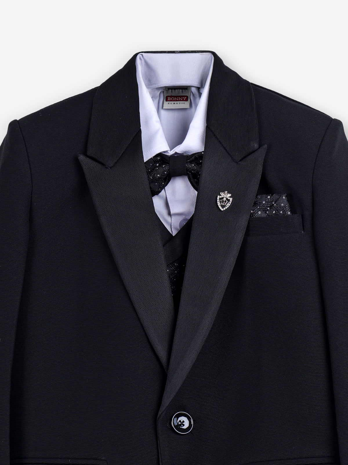 Black terry rayon boys coat suit with peak lapel details