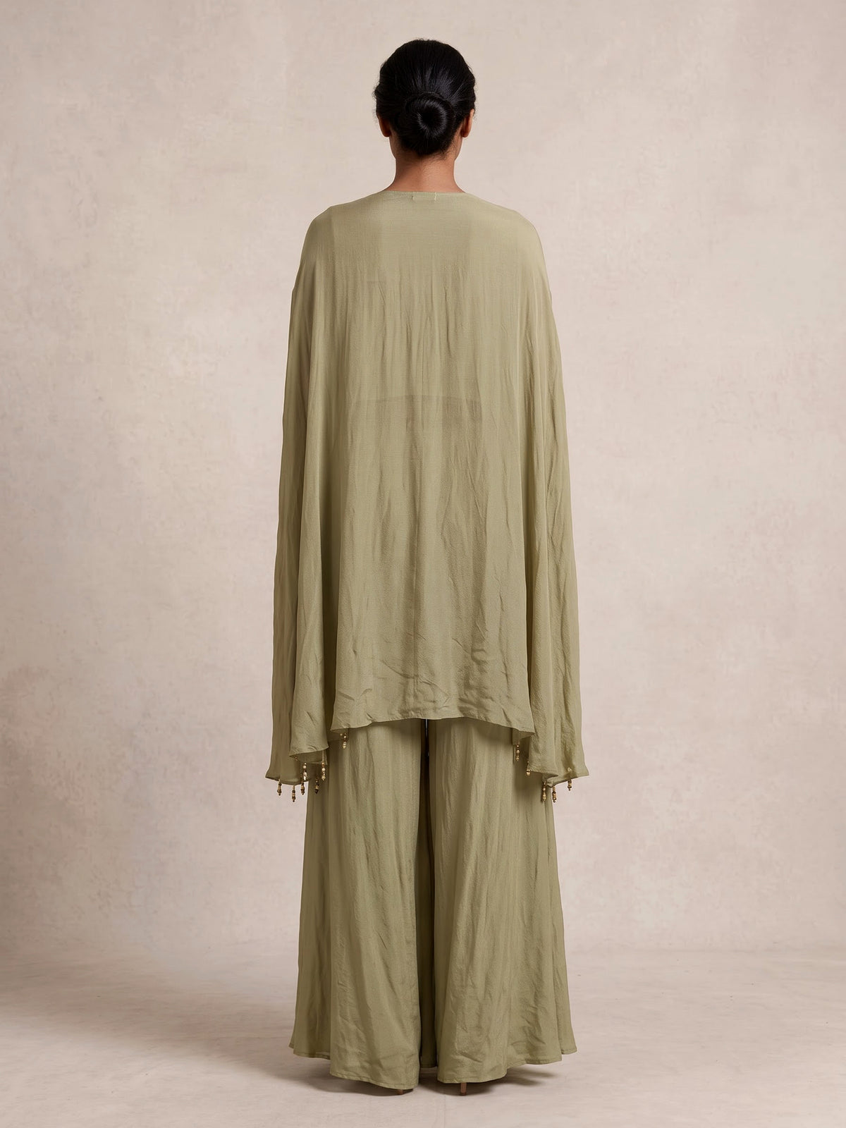 Sage green chiffon silk designer palazzo suit with tassel detailing