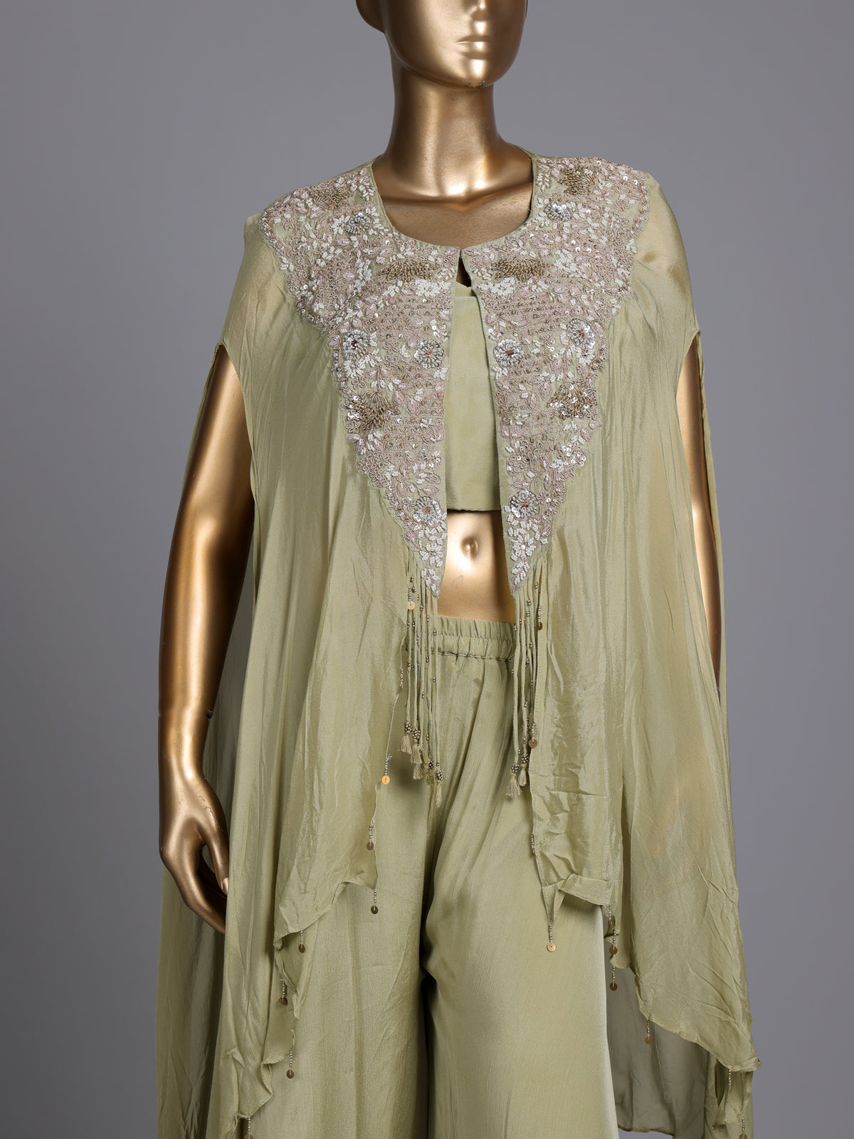 Sage green chiffon silk designer palazzo suit with tassel detailing