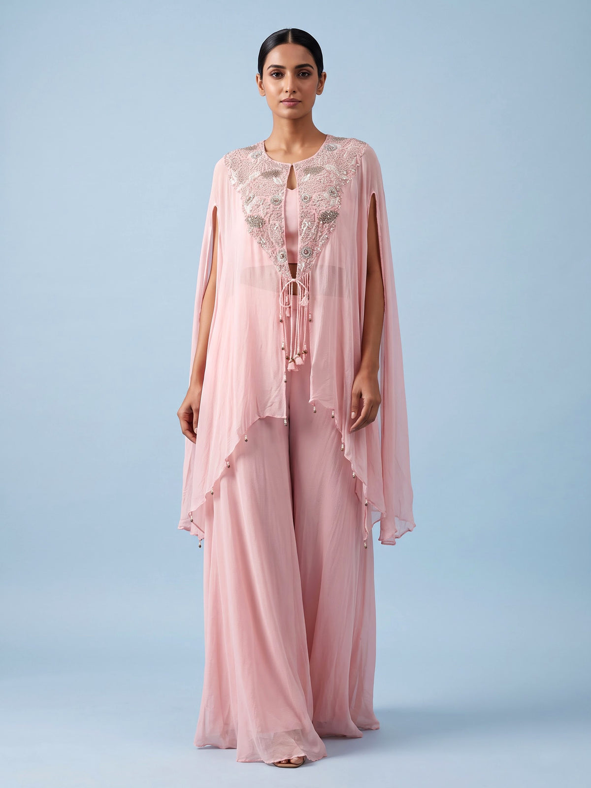 Light pink chiffon silk designer palazzo suit with embellishments