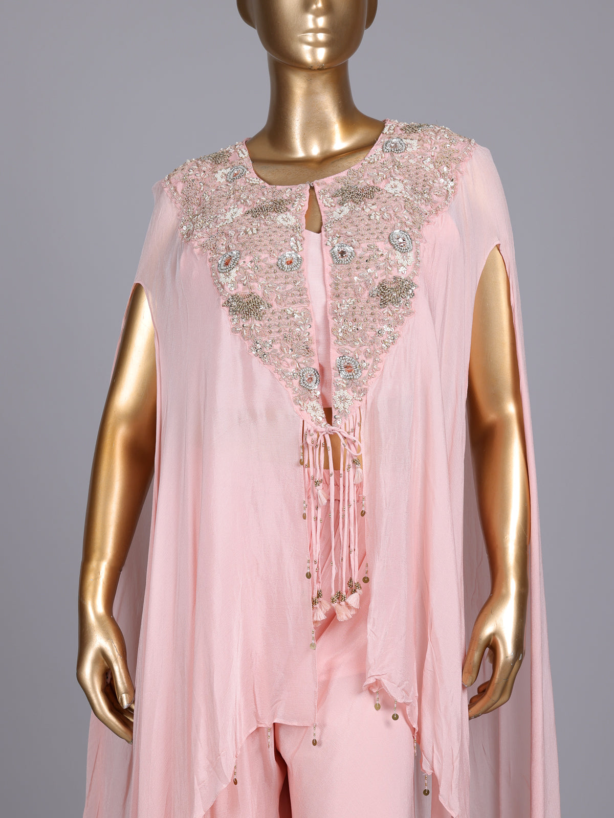 Light pink chiffon silk designer palazzo suit with embellishments