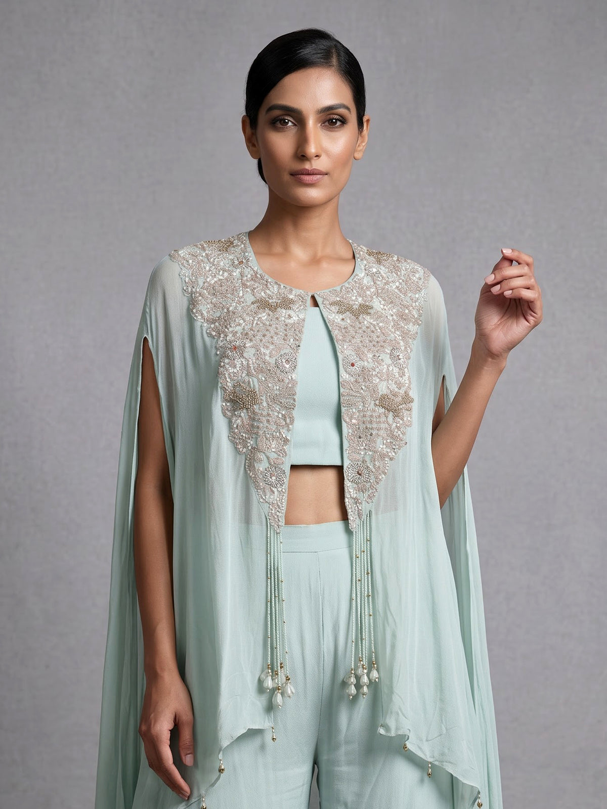 Mint green chiffon silk designer palazzo suit with embellishments
