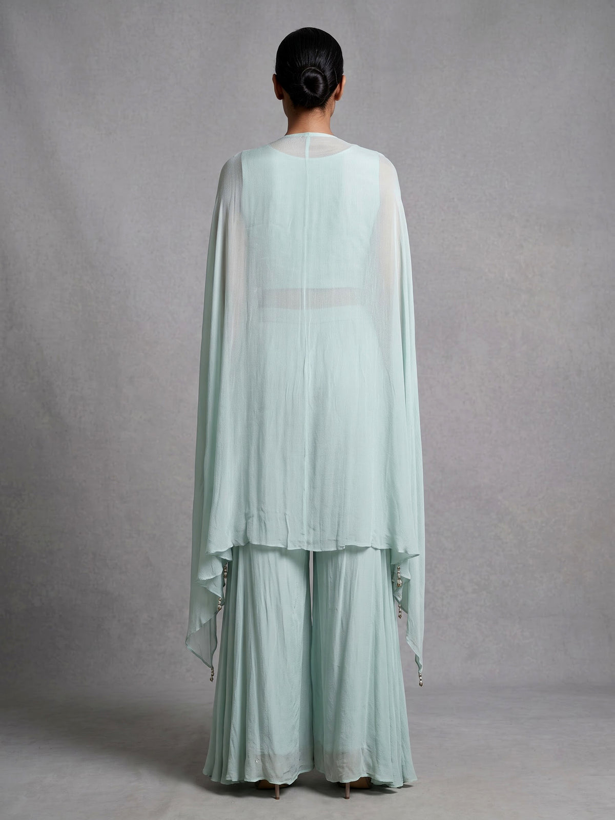 Mint green chiffon silk designer palazzo suit with embellishments