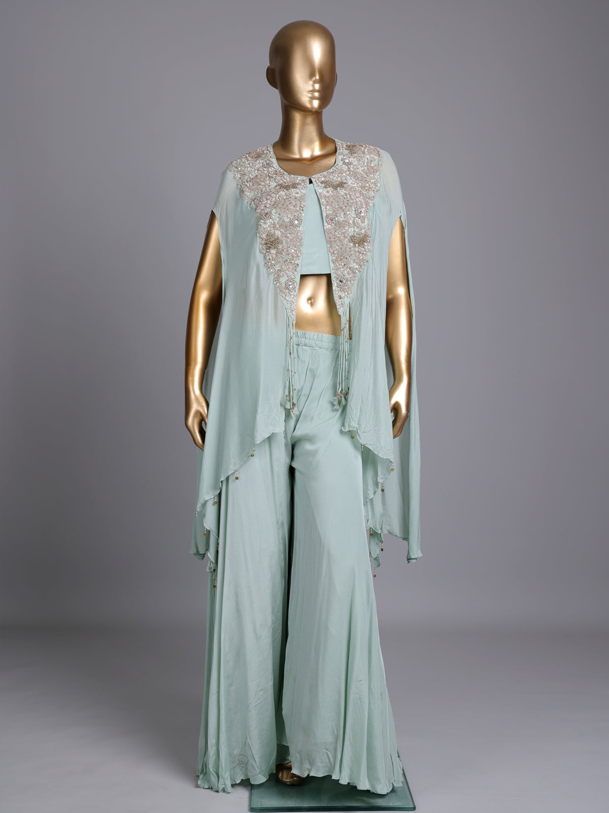 Mint green chiffon silk designer palazzo suit with embellishments