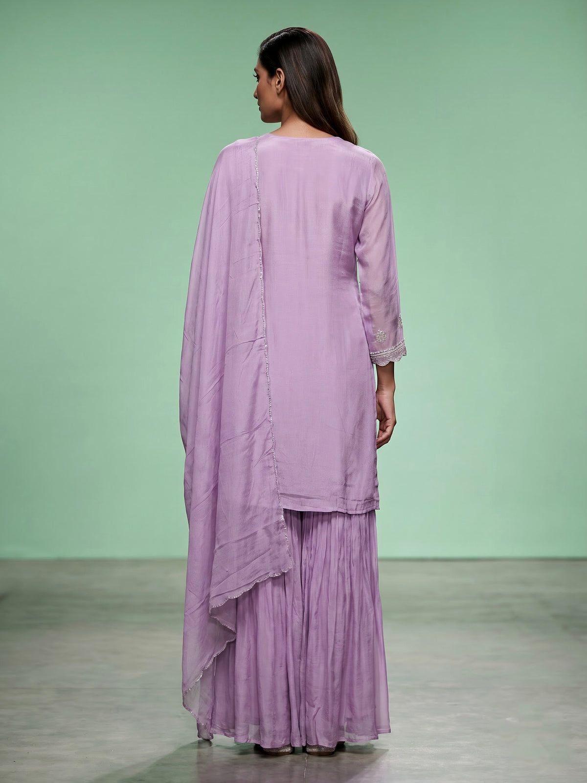 Lilac purple chiffon silk sharara suit with embellished dupatta