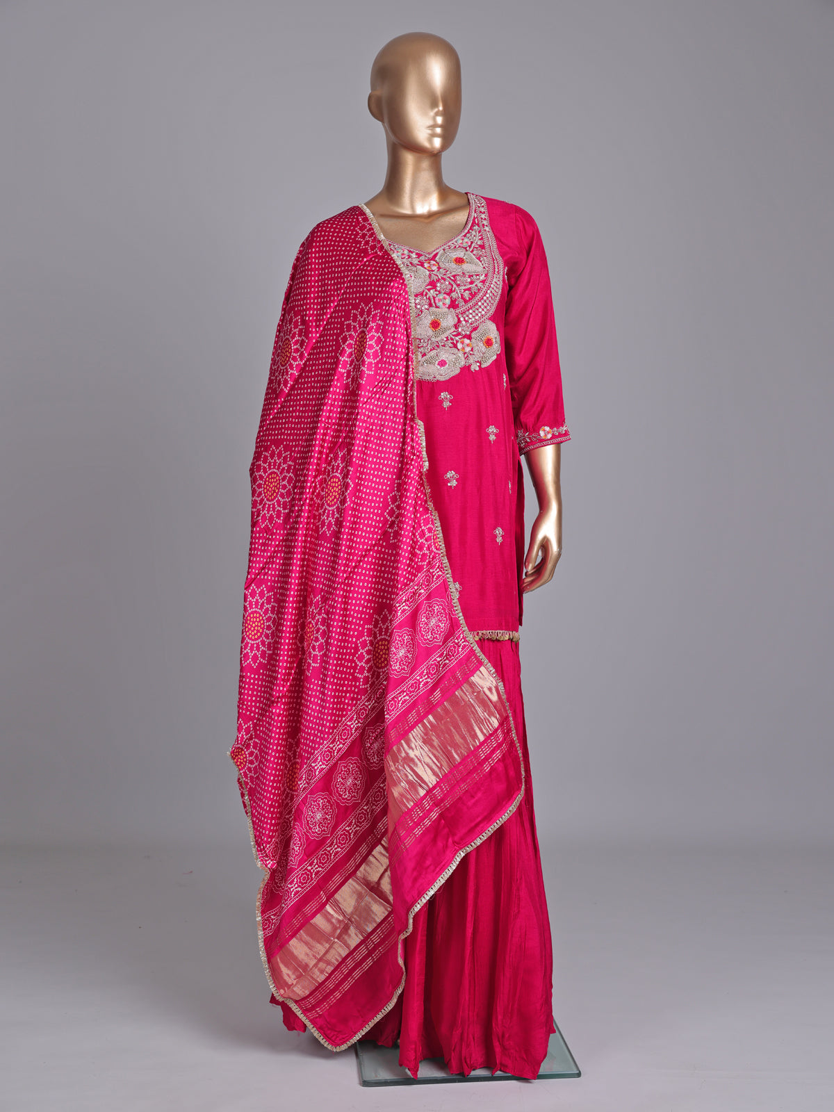Rani pink silk yoke style palazzo suit with dupatta