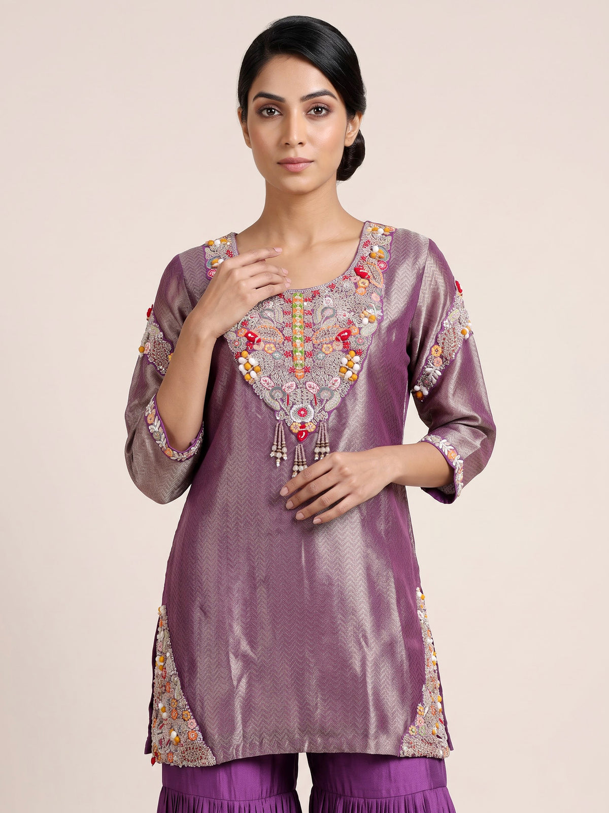 Purple silk designer sharara suit with zari and pearl detailing