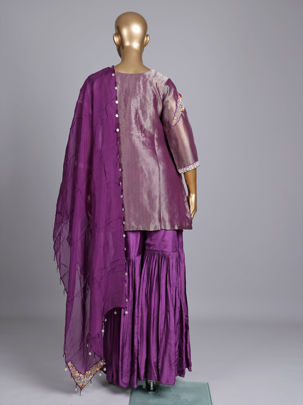 Purple silk designer sharara suit with zari and pearl detailing