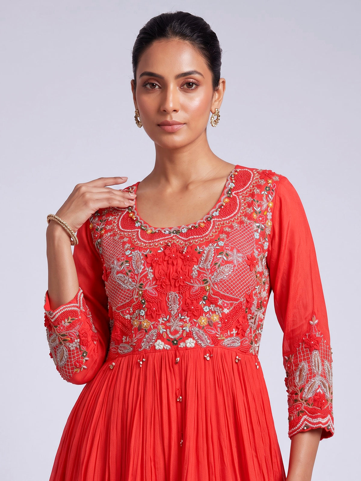 Rust red chiffon silk palazzo suit with pearl embellishments