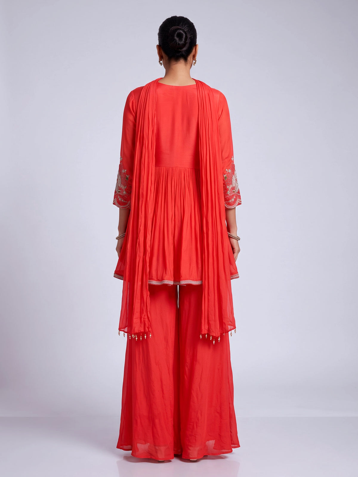 Rust red chiffon silk palazzo suit with pearl embellishments