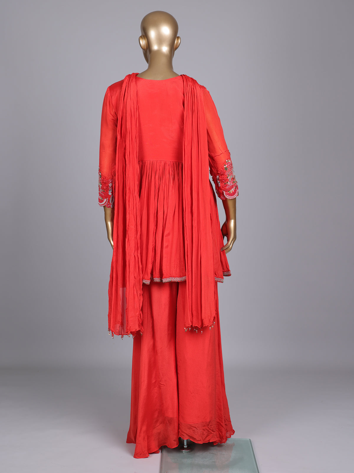 Rust red chiffon silk palazzo suit with pearl embellishments