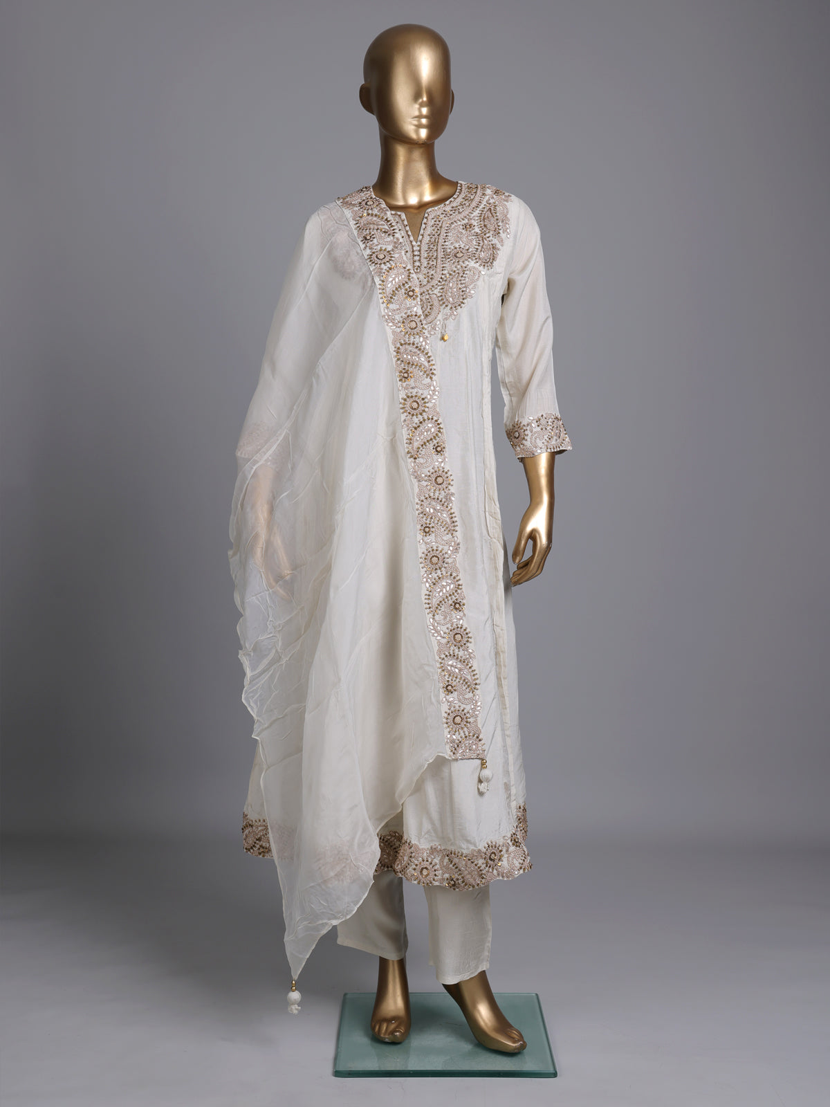 Off white silk sweetheart anarkali suit with yoke style and dupatta