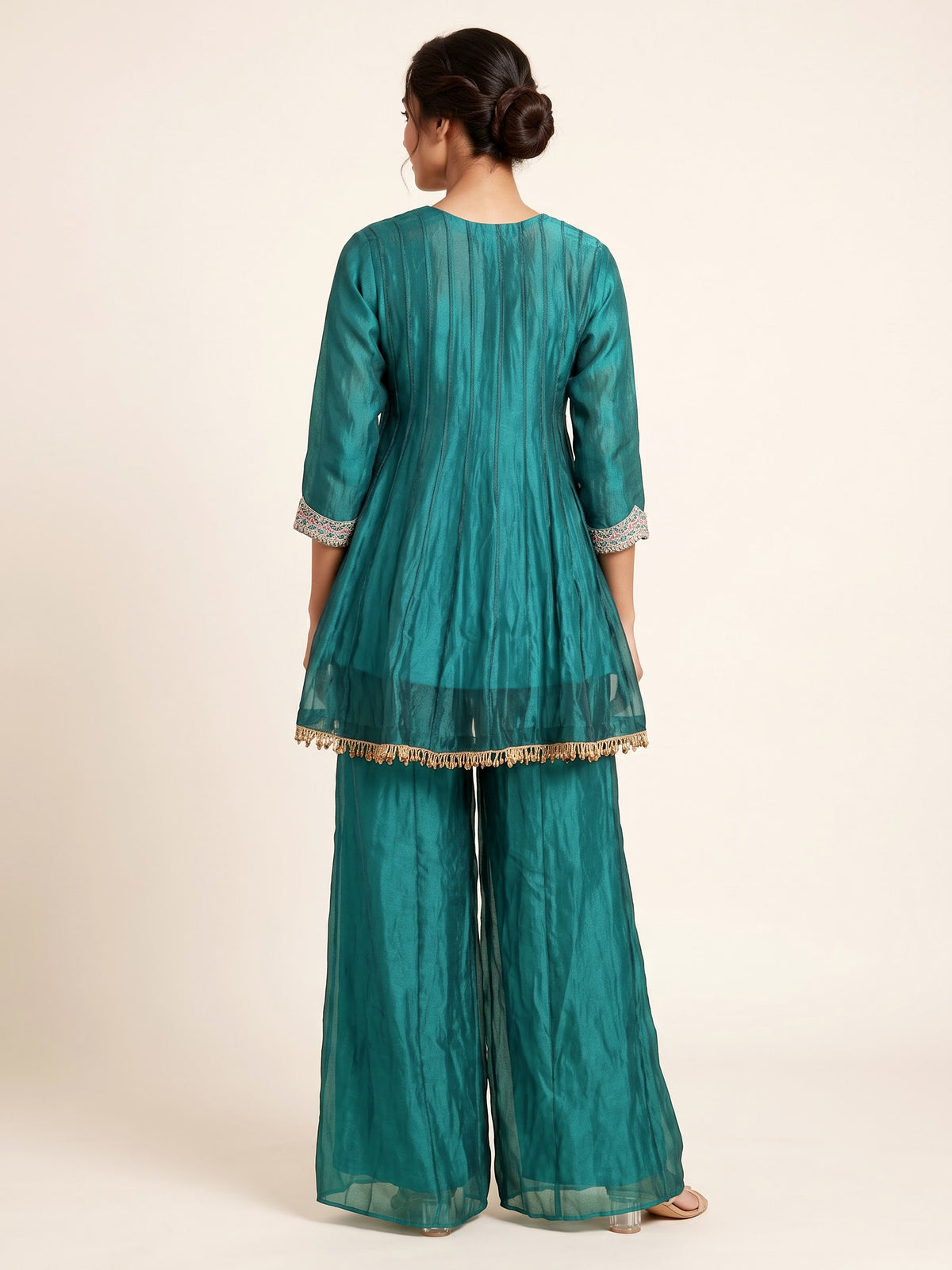 Rama green tissue silk designer palazzo suit with cutdana
