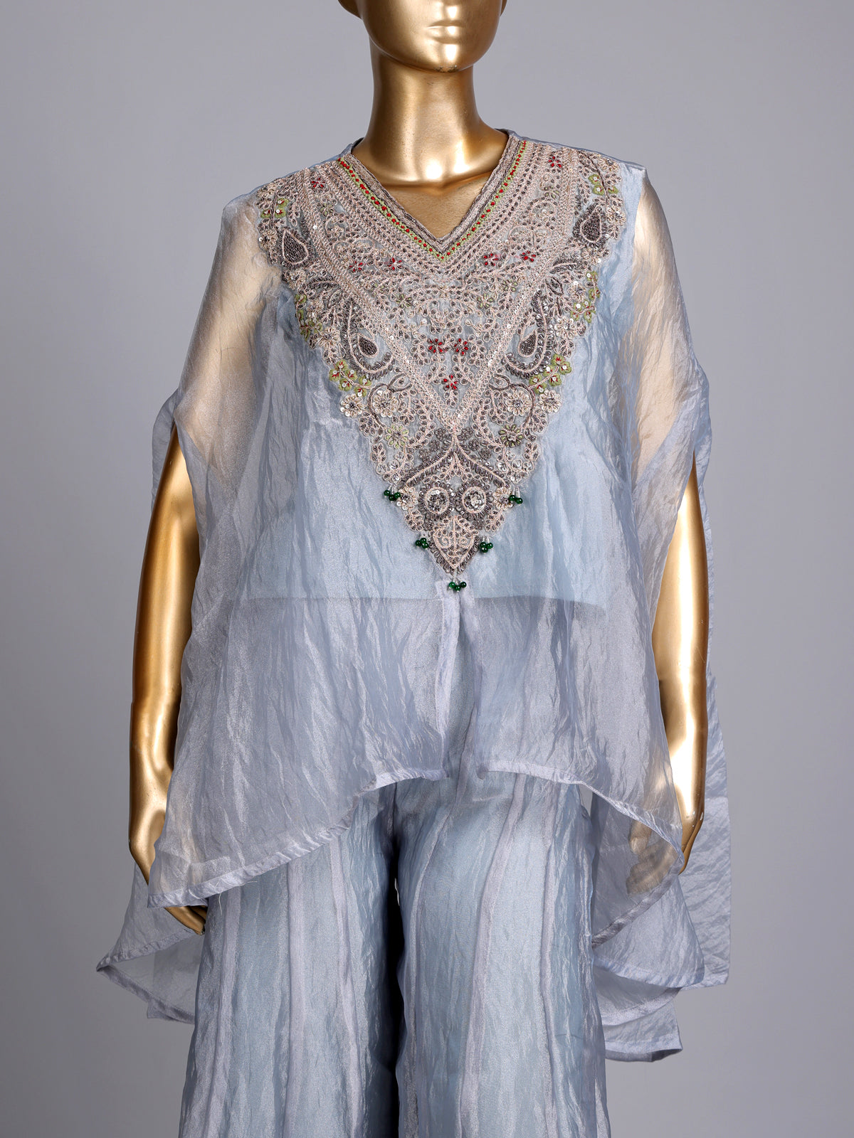 Stone grey organza tissue designer palazzo suit with tassel work