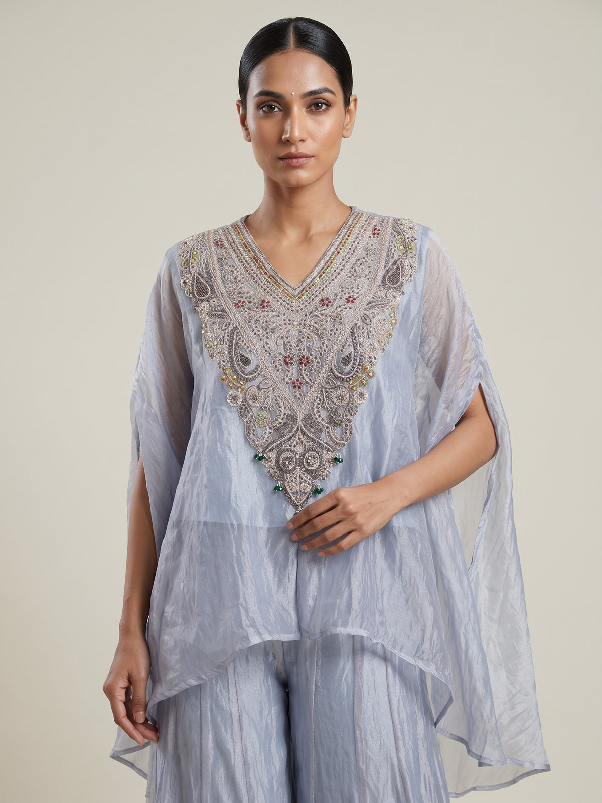 Stone grey organza tissue designer palazzo suit with tassel work