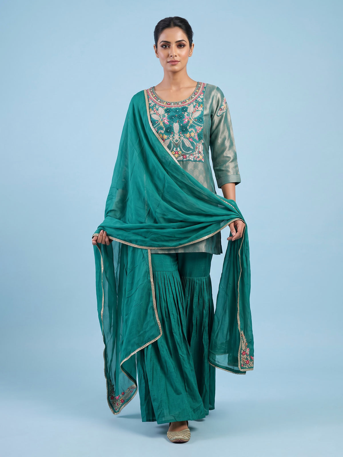 Rama green silk yoke style sharara suit with dupatta