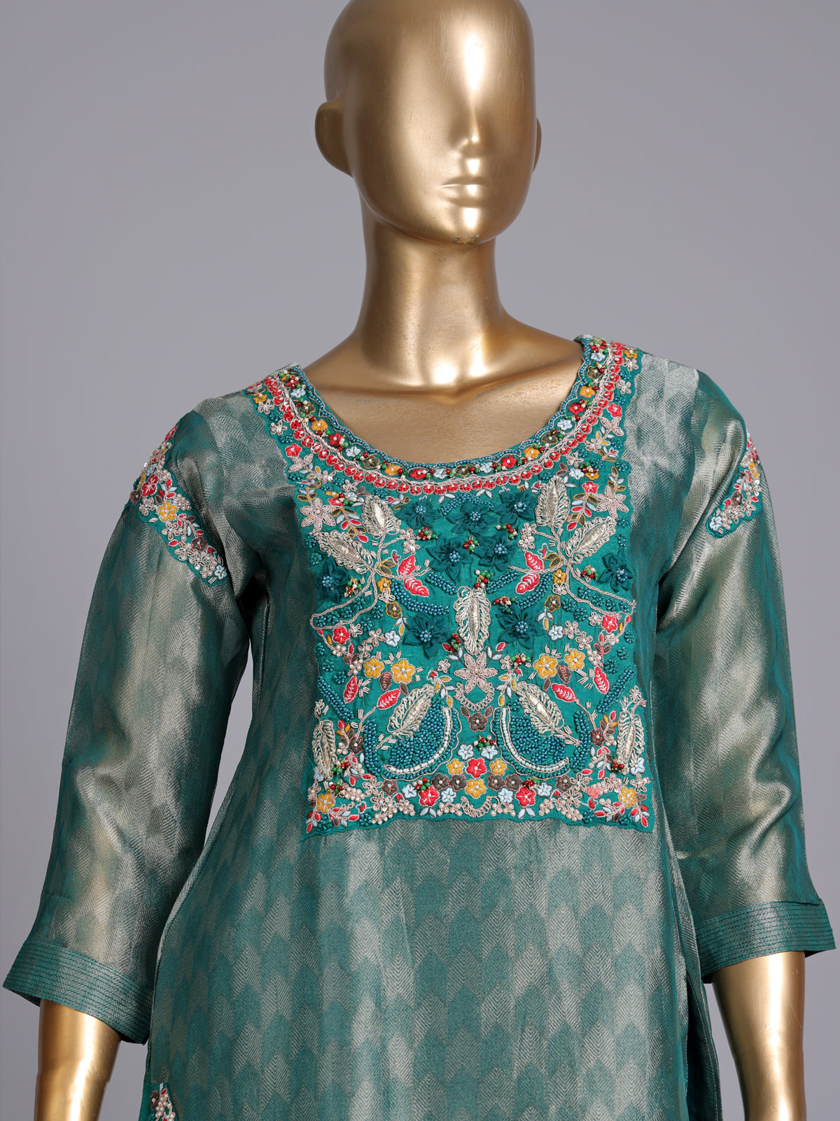 Rama green silk yoke style sharara suit with dupatta