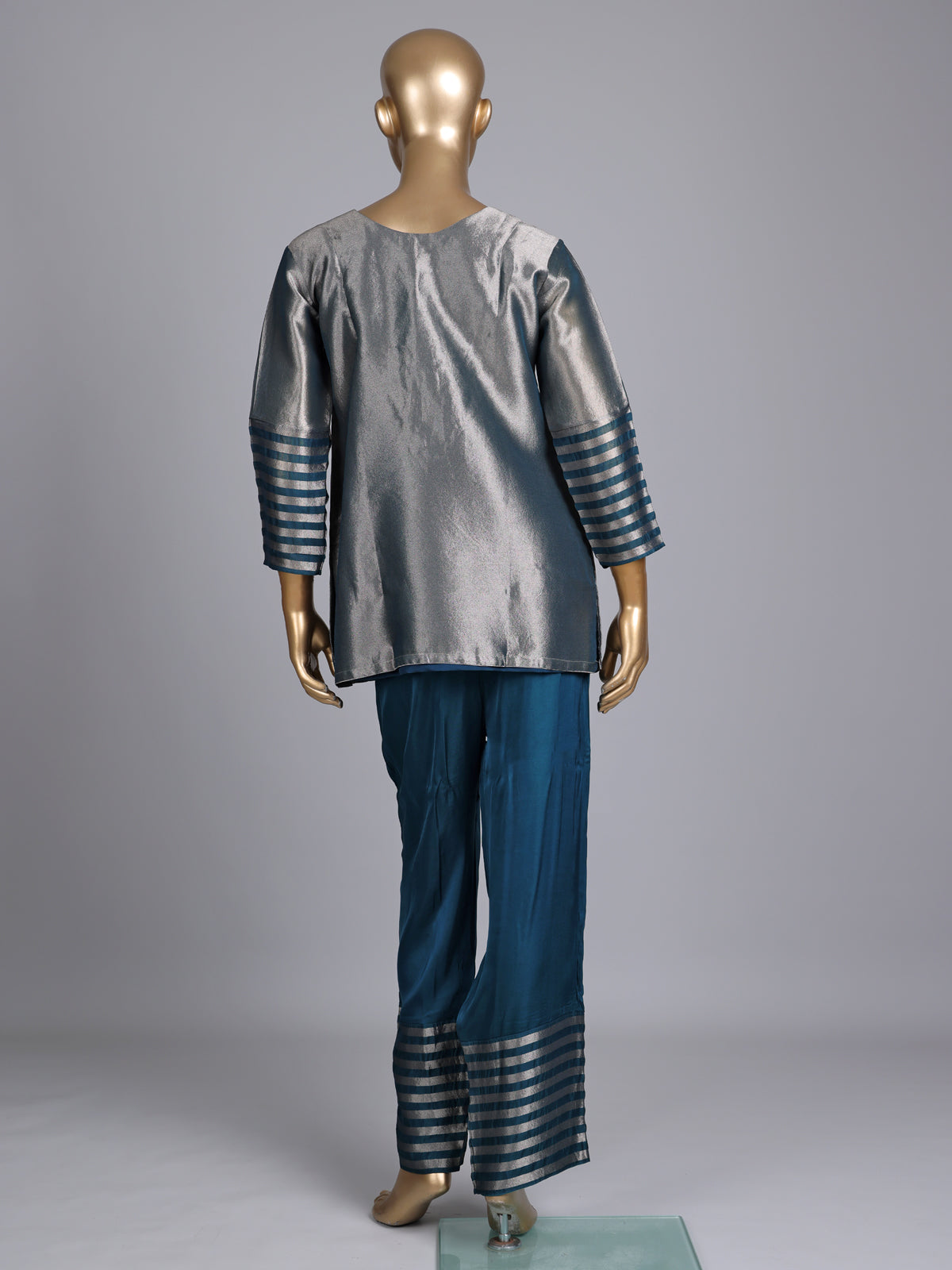 Peacock blue silk yoke style palazzo pant suit with embellishments