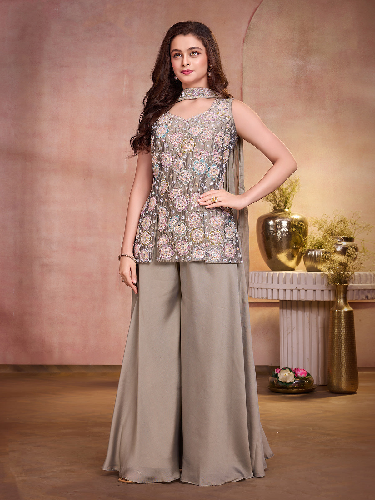 Pastel grey silk blend girls palazzo suit with choker dupatta