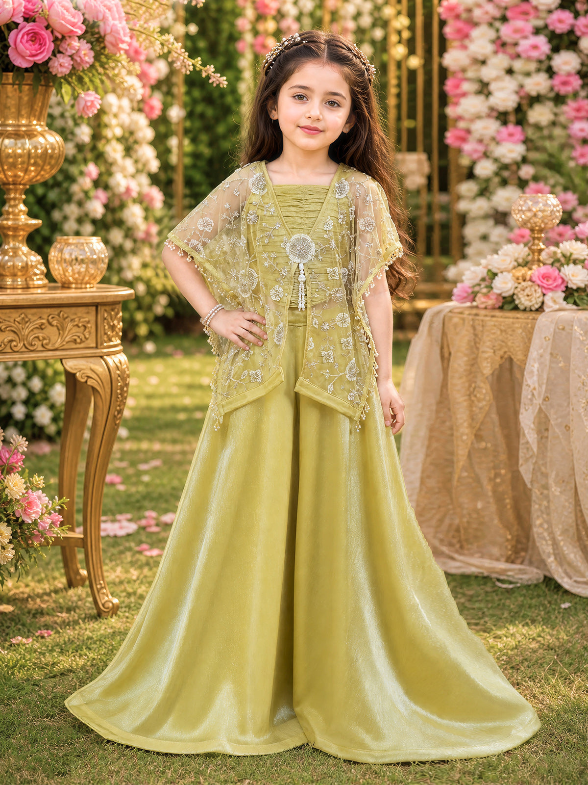 Mehendi green organza silk girls designer palazzo suit