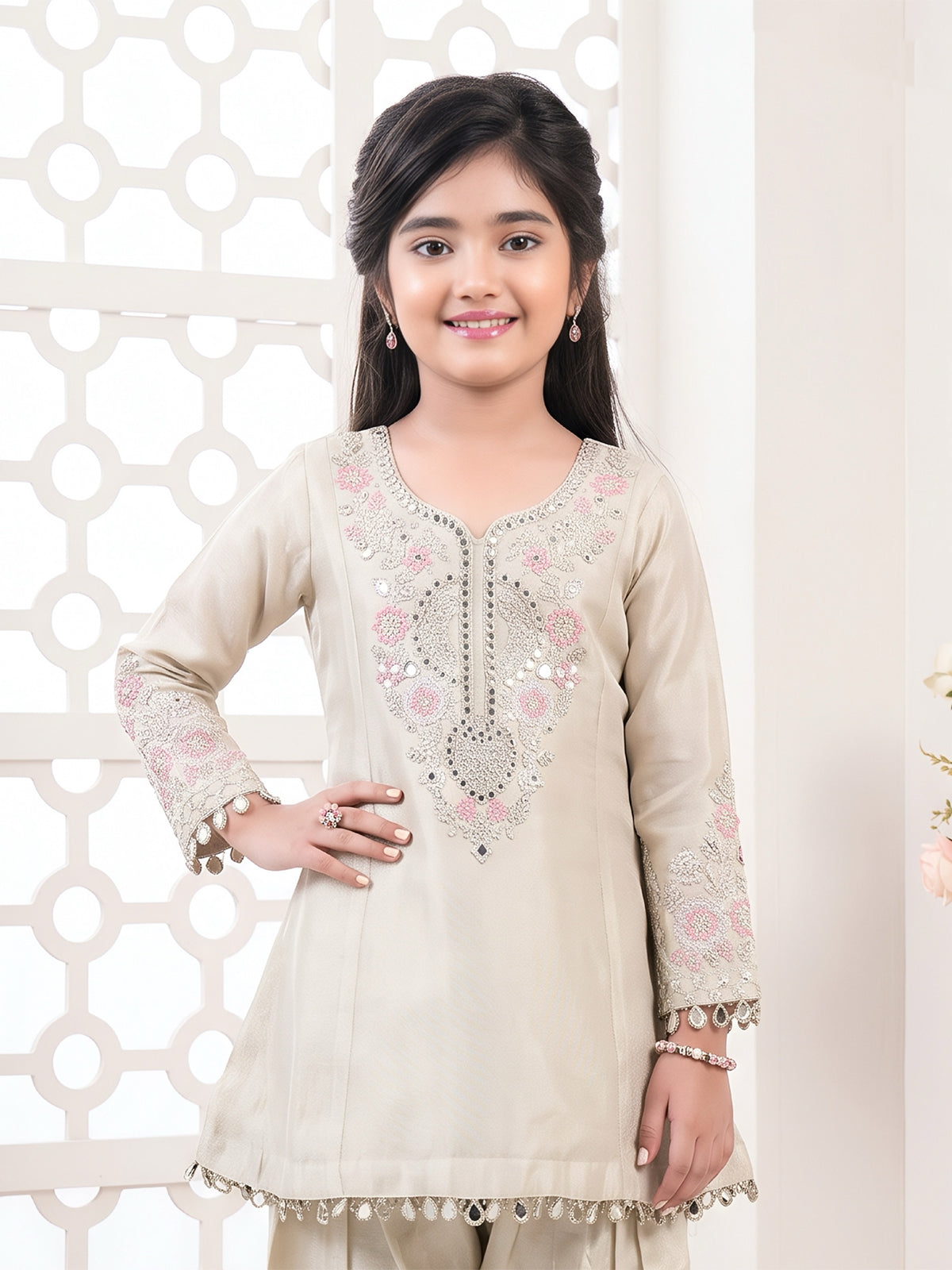 Cream silk girls mirror embellished salwar suit