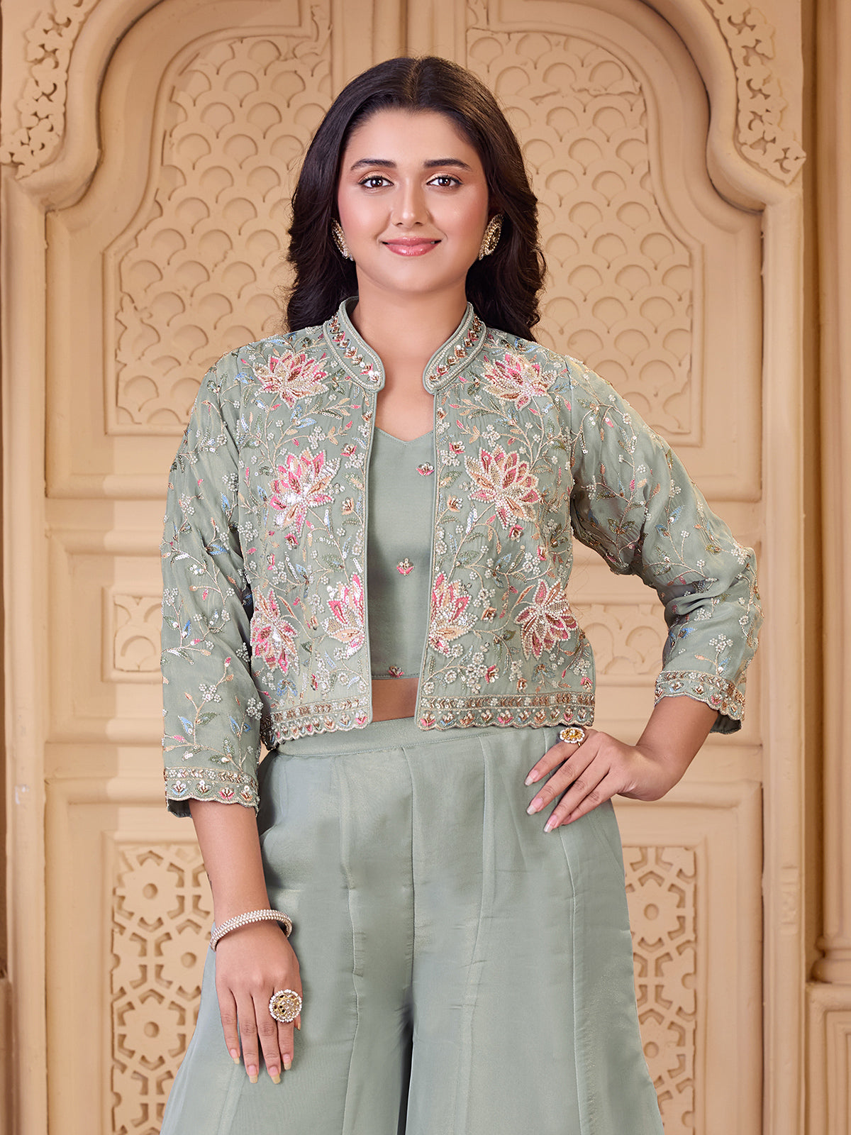 Pista green tissue silk girls designer palazzo suit