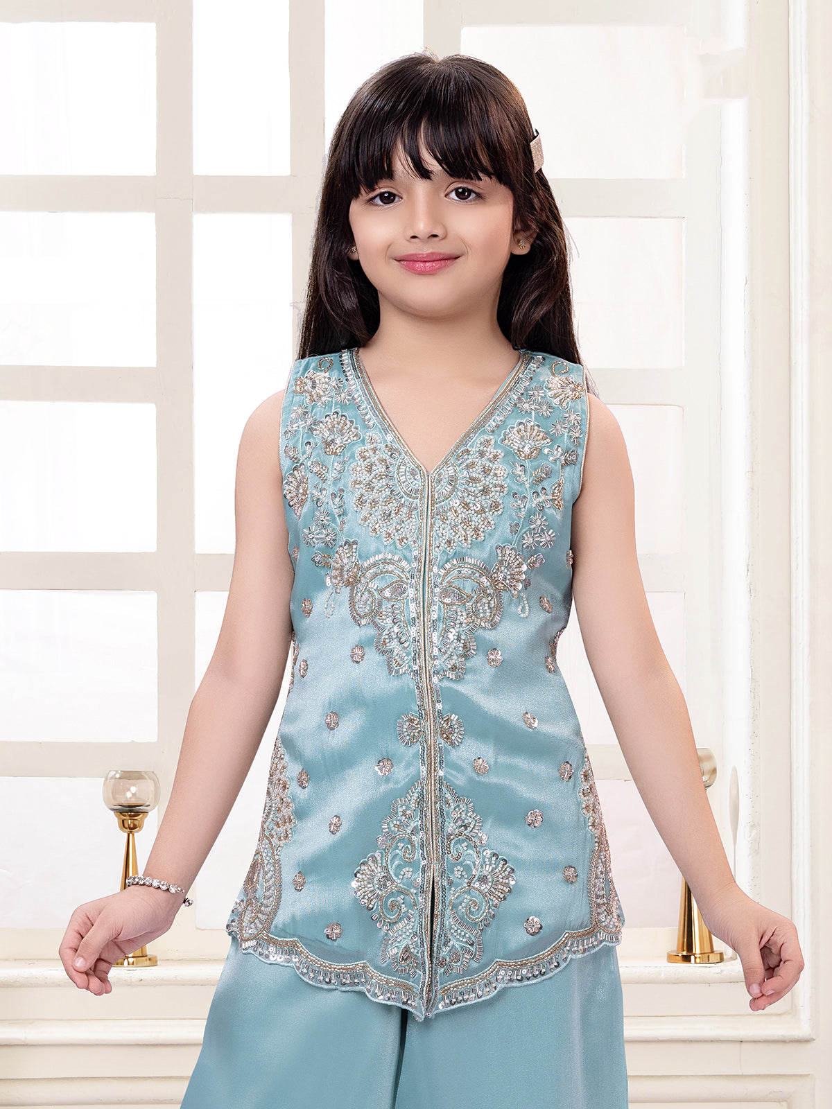 Pastel blue shimmer silk girls palazzo suit