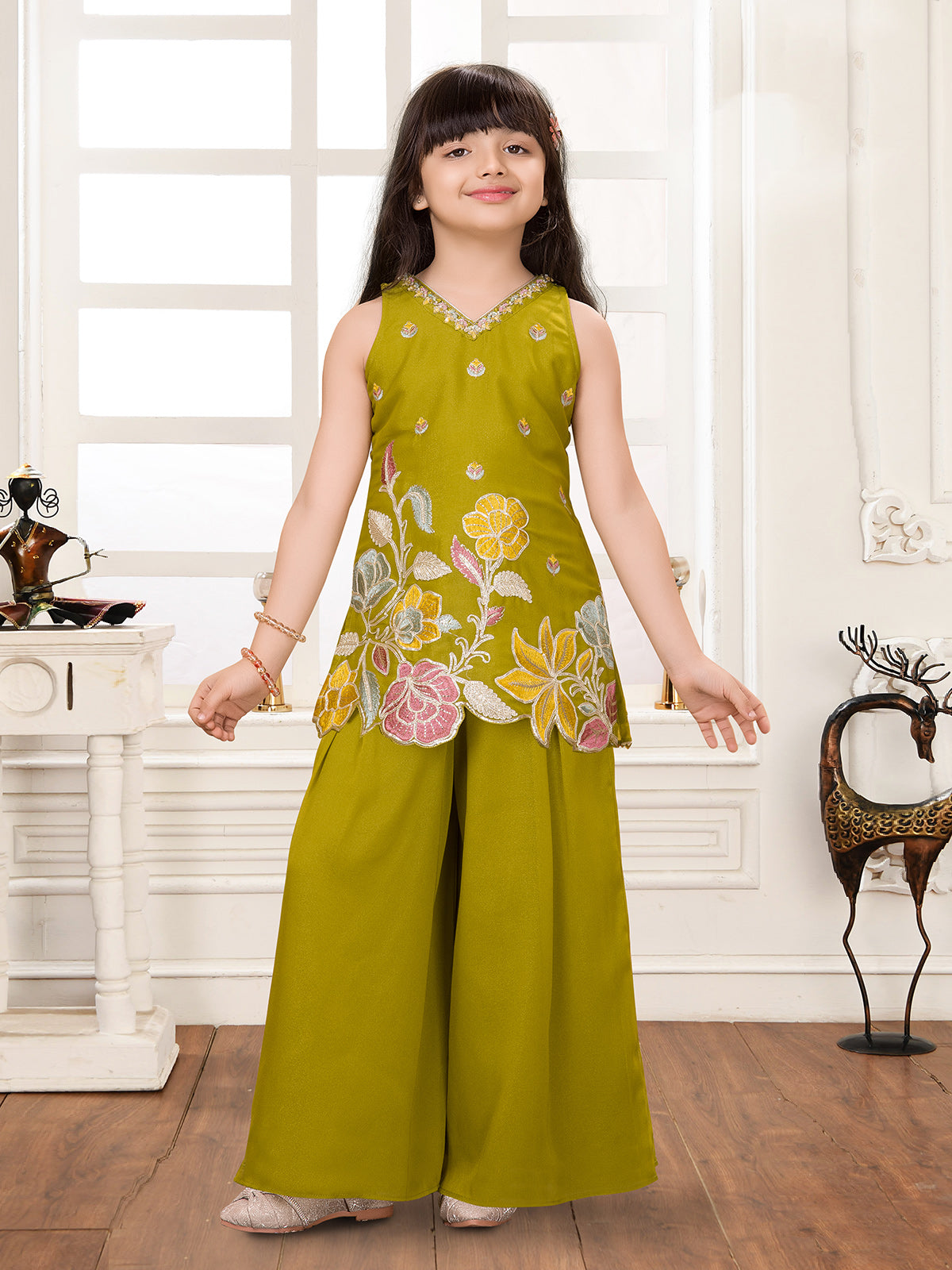 Mehendi green crepe silk girls embroidered palazzo suit