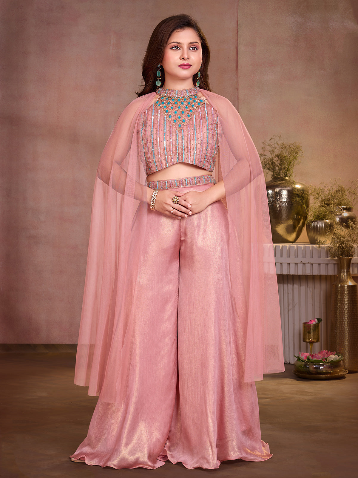 Pastel onion pink crepe silk girls designer palazzo suit