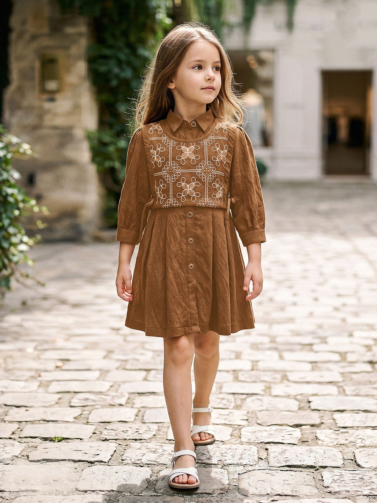 Brown embroidered girls frock