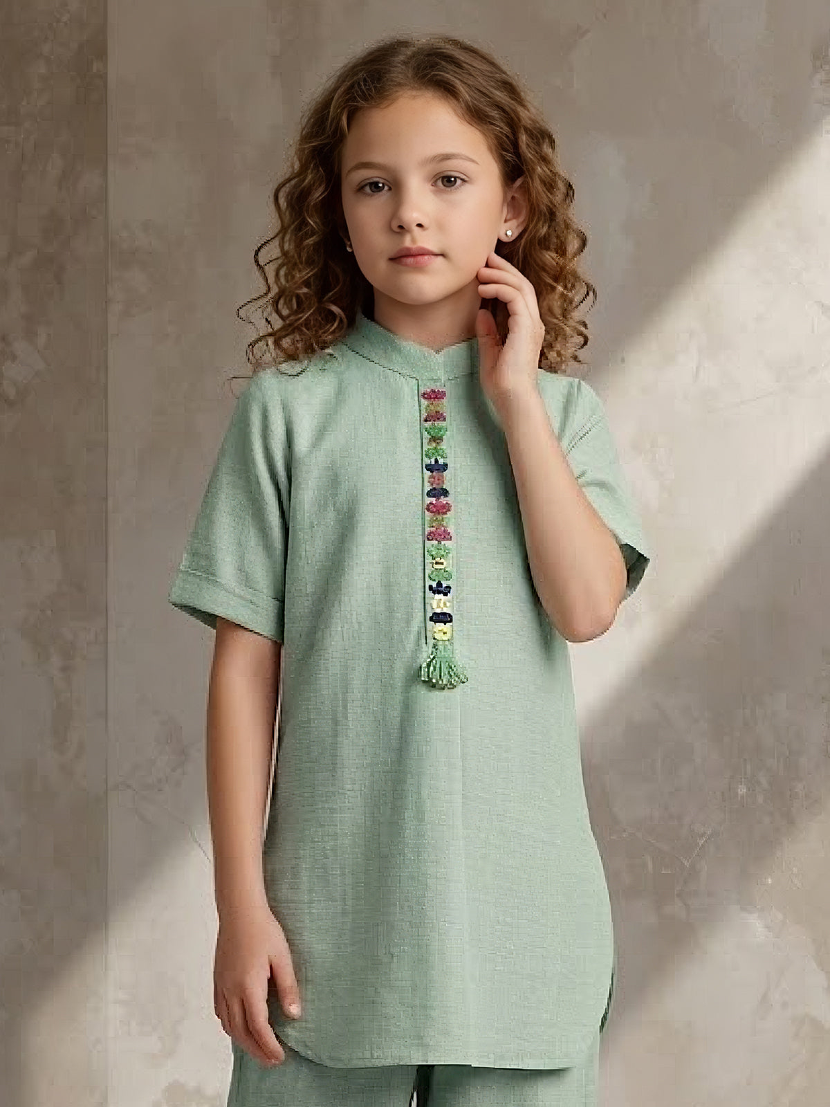 Pista green embroidered girls co-ord set