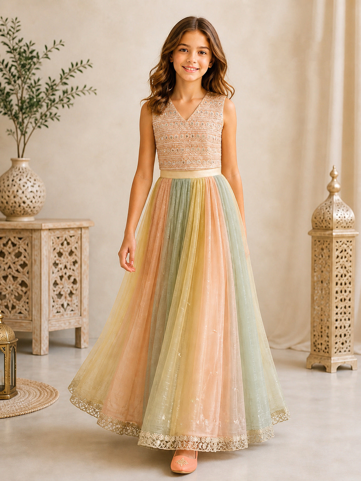 Multi color zari embellished girls lehenga choli