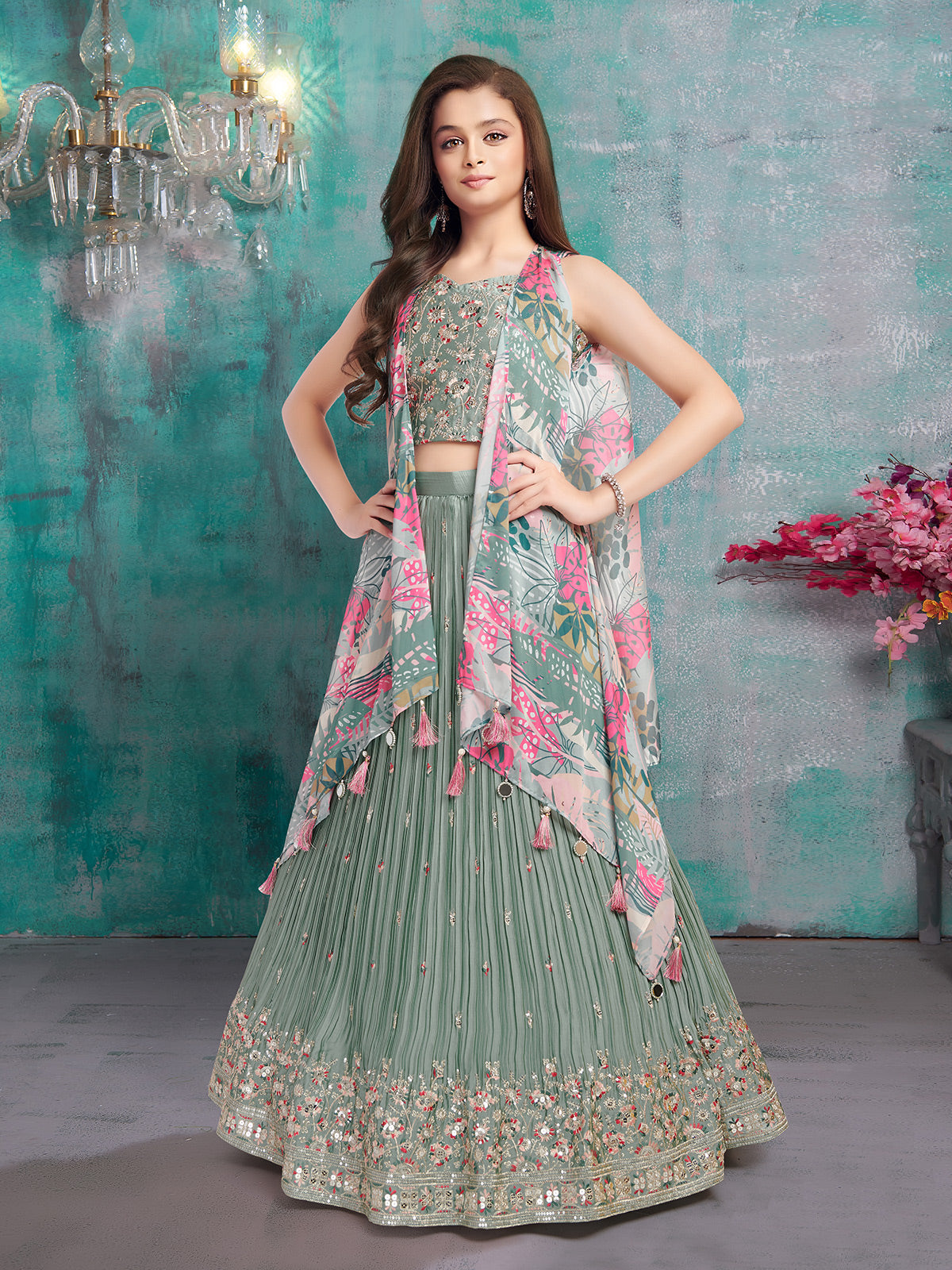 Pista green sequin shrug girls lehenga choli