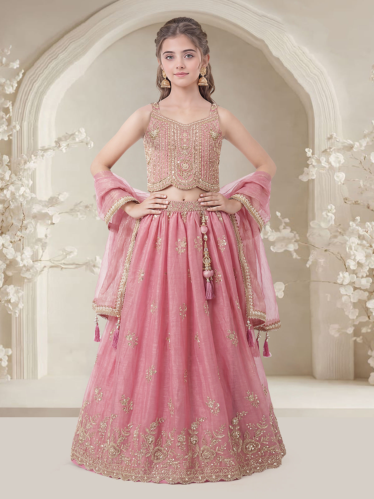 Pink scalloped flare girls lehenga choli