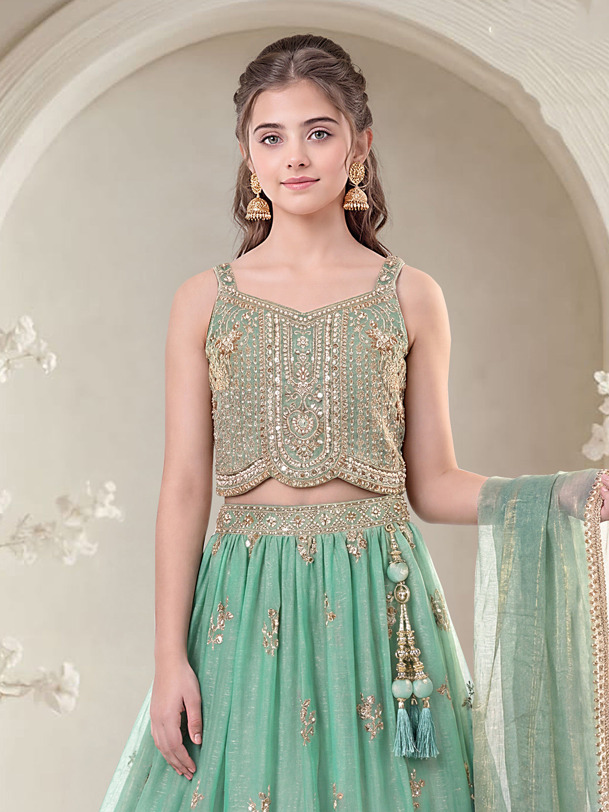 Green zardosi festive girls lehenga choli