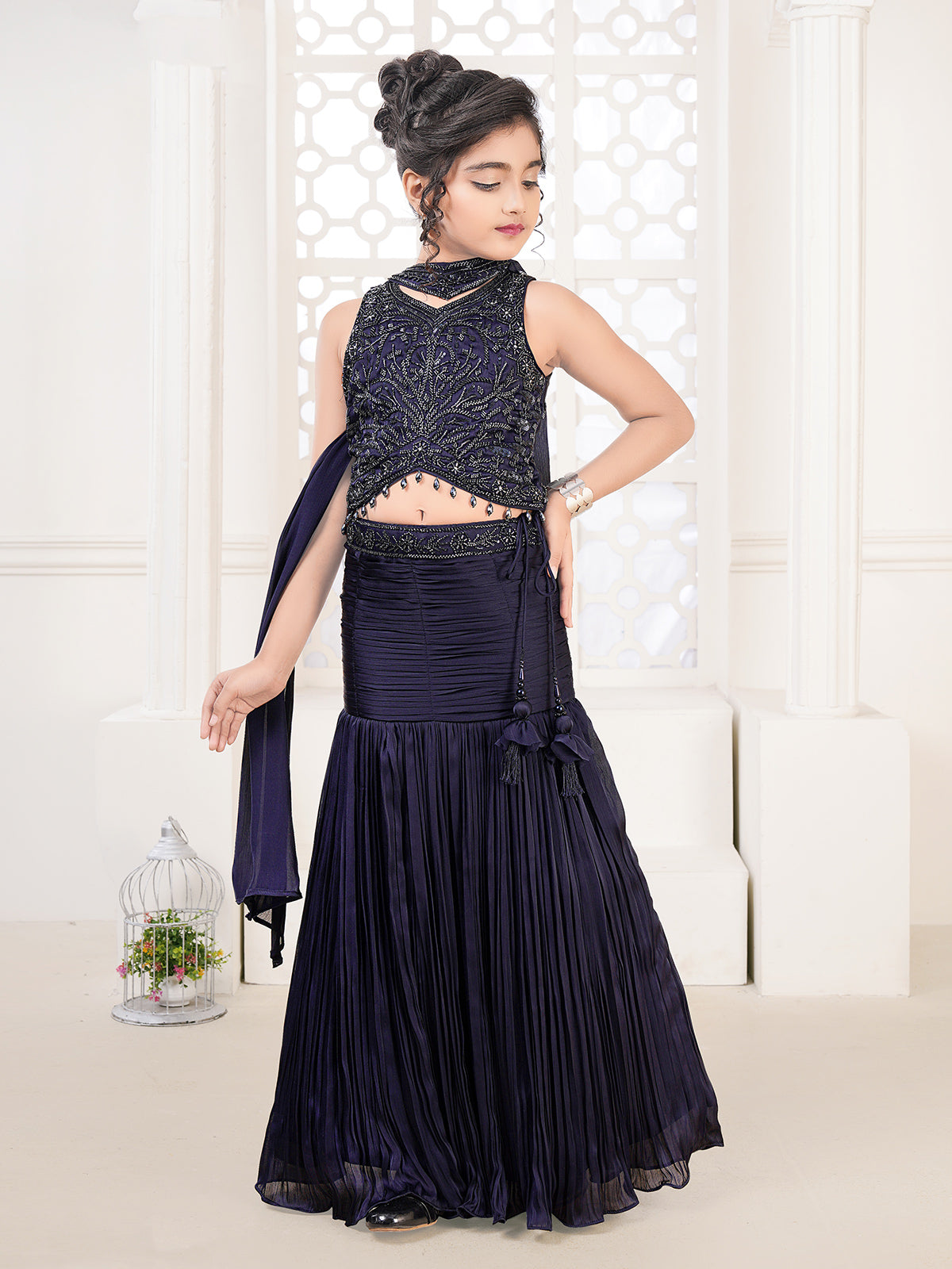 Blue crystal embellished girls lehenga choli