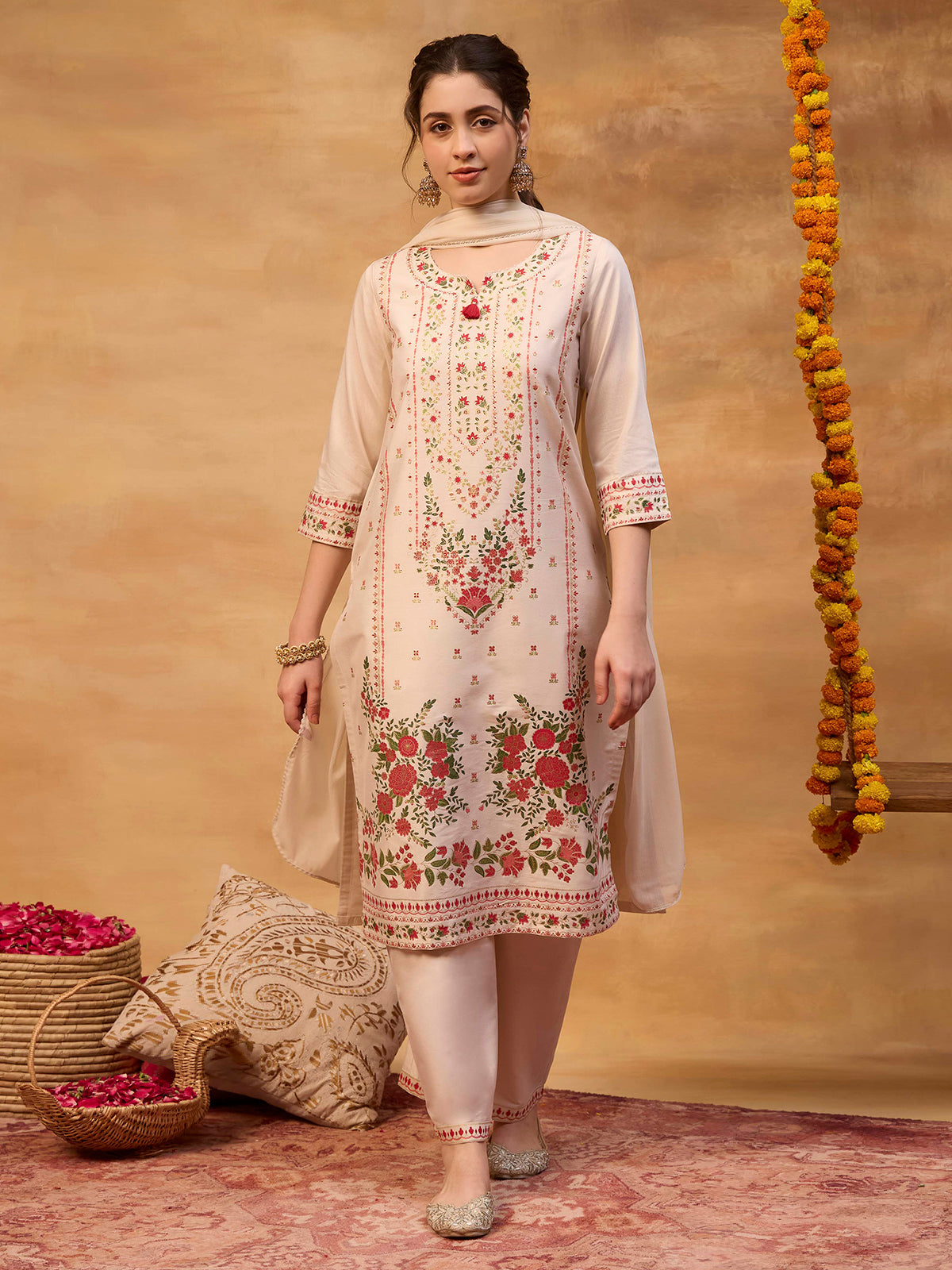 Light cream floral printed women kurti set