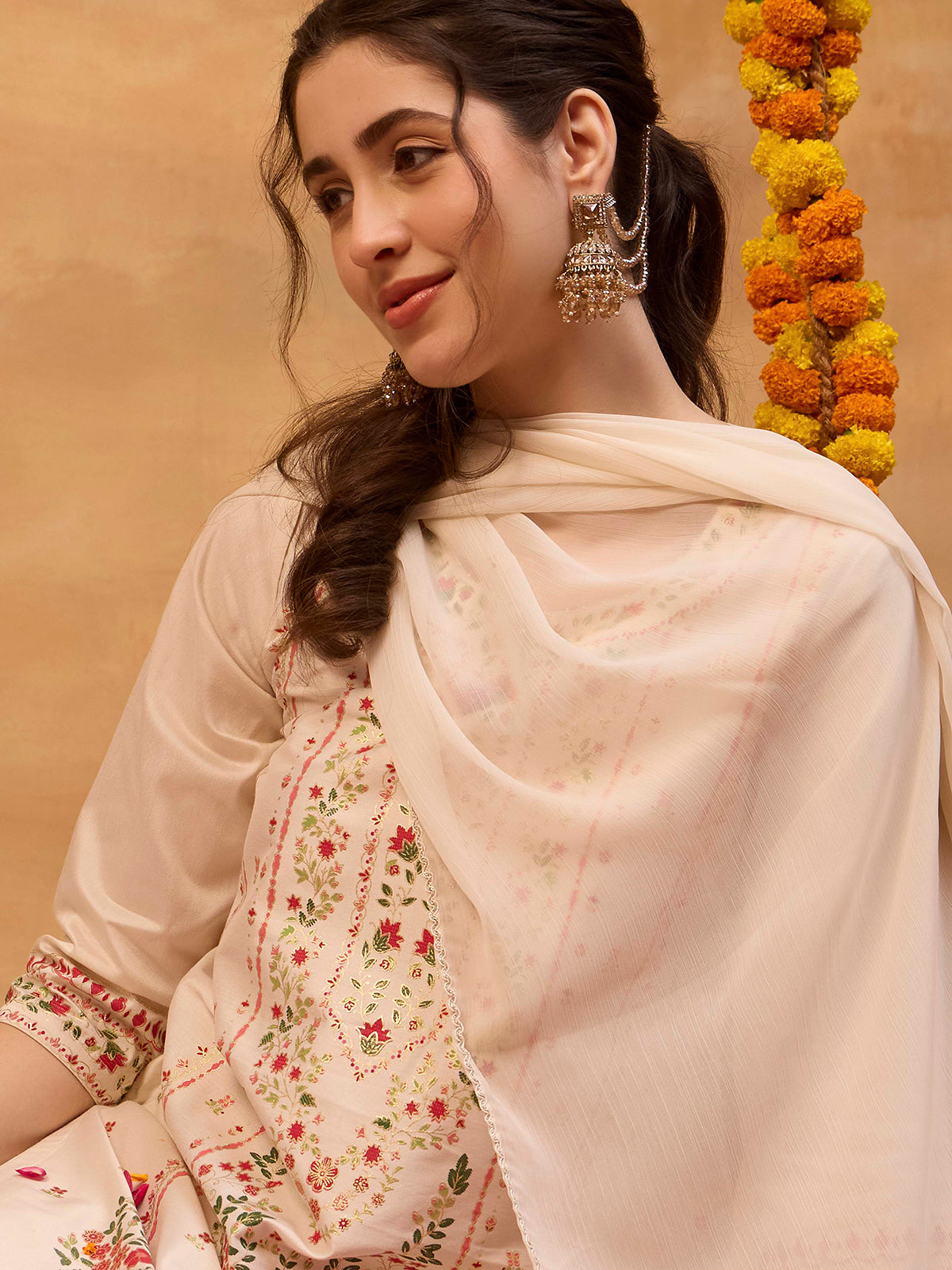 Light cream floral printed women kurti set