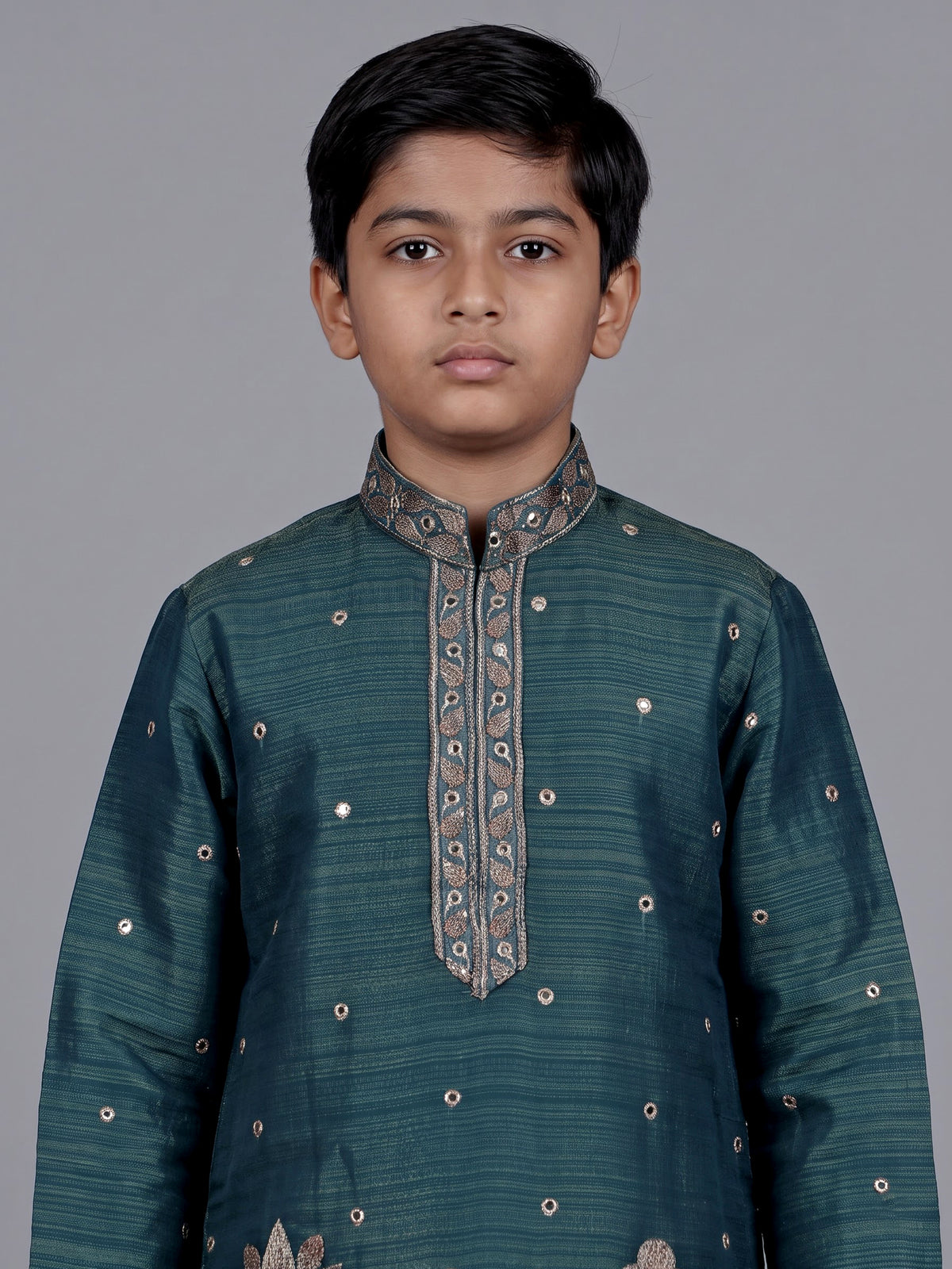 Peacock green boys Tussar silk blend kurta suit with aabla
