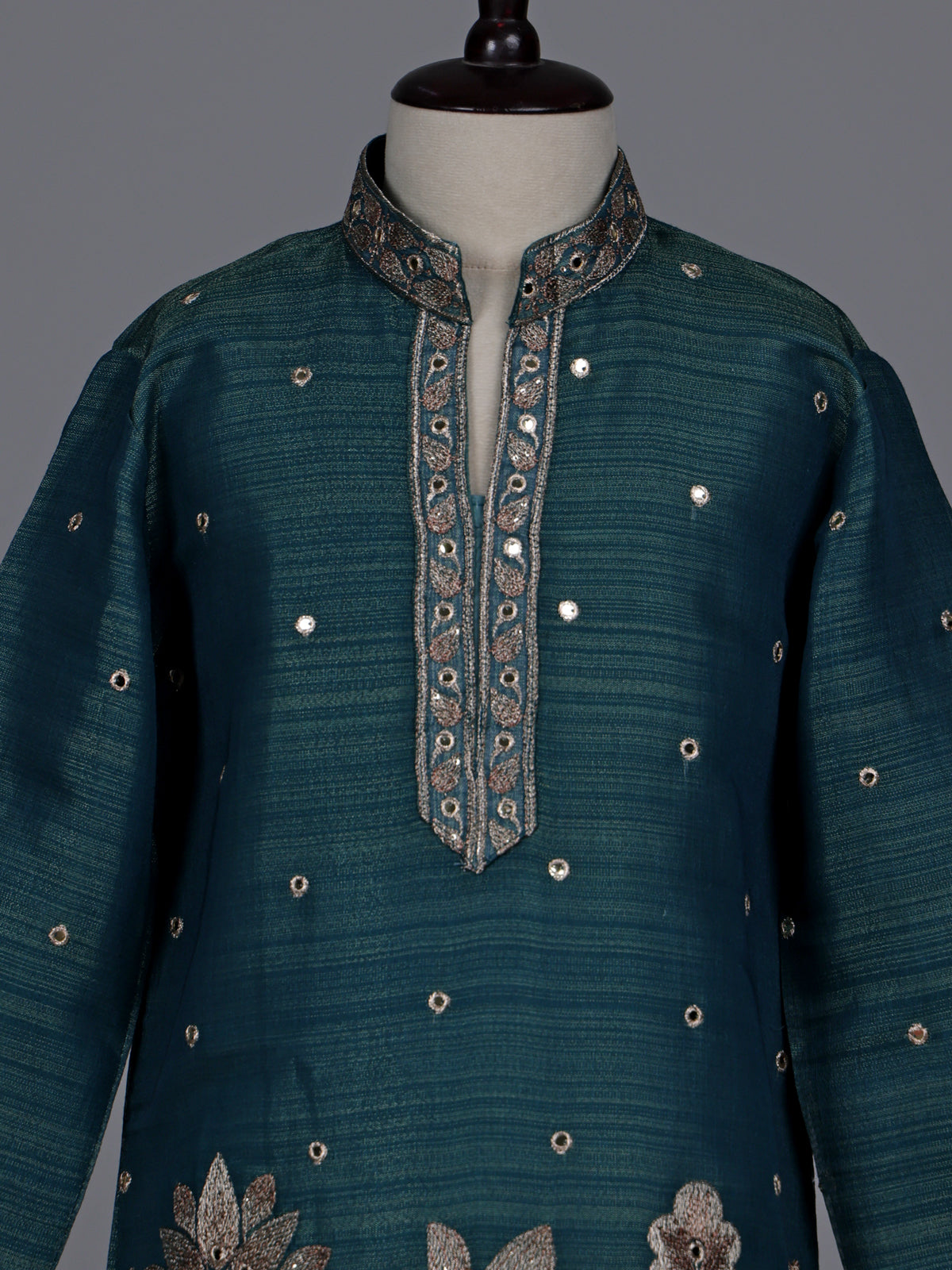Peacock green boys Tussar silk blend kurta suit with aabla