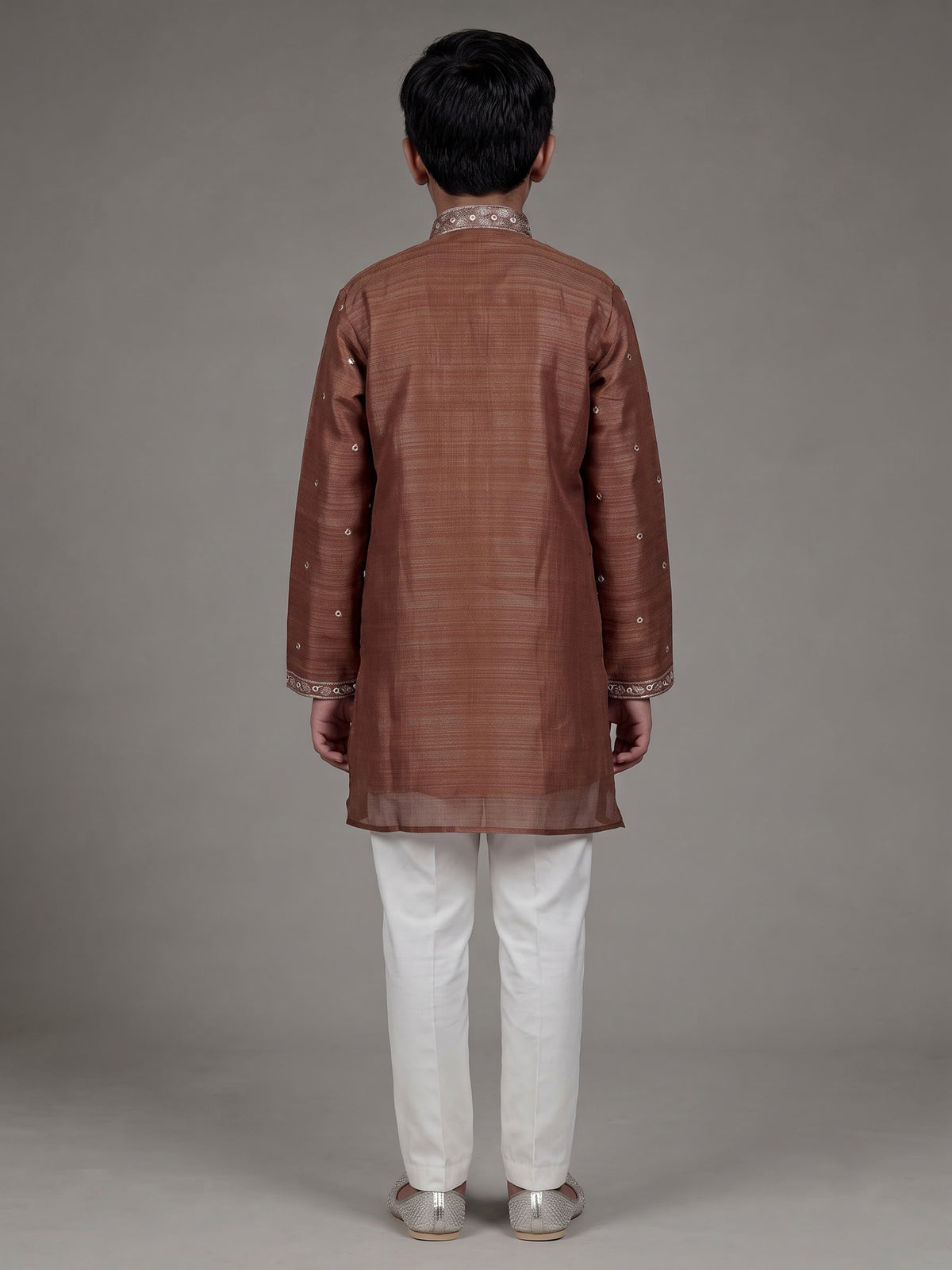 Brown boys Tussar silk blend kurta suit with aabla work