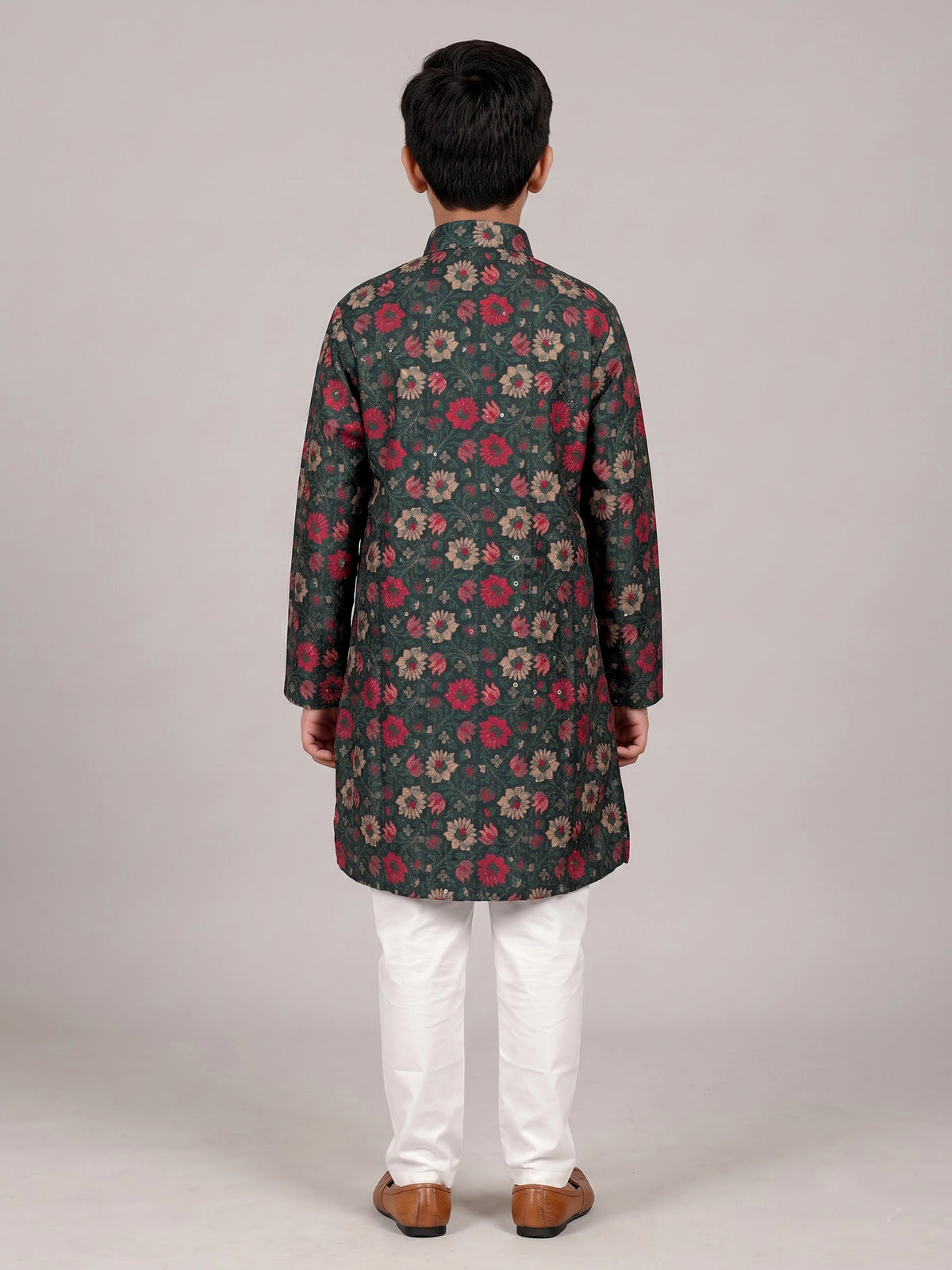 Teal green boys cotton silk kurta suit with floral work
